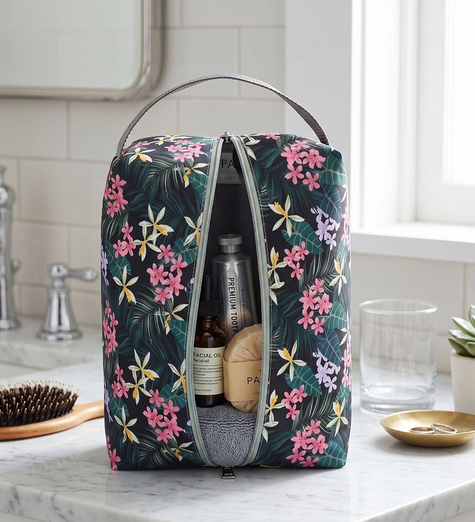 Black & Green Floral Printed Toiletry Pouch