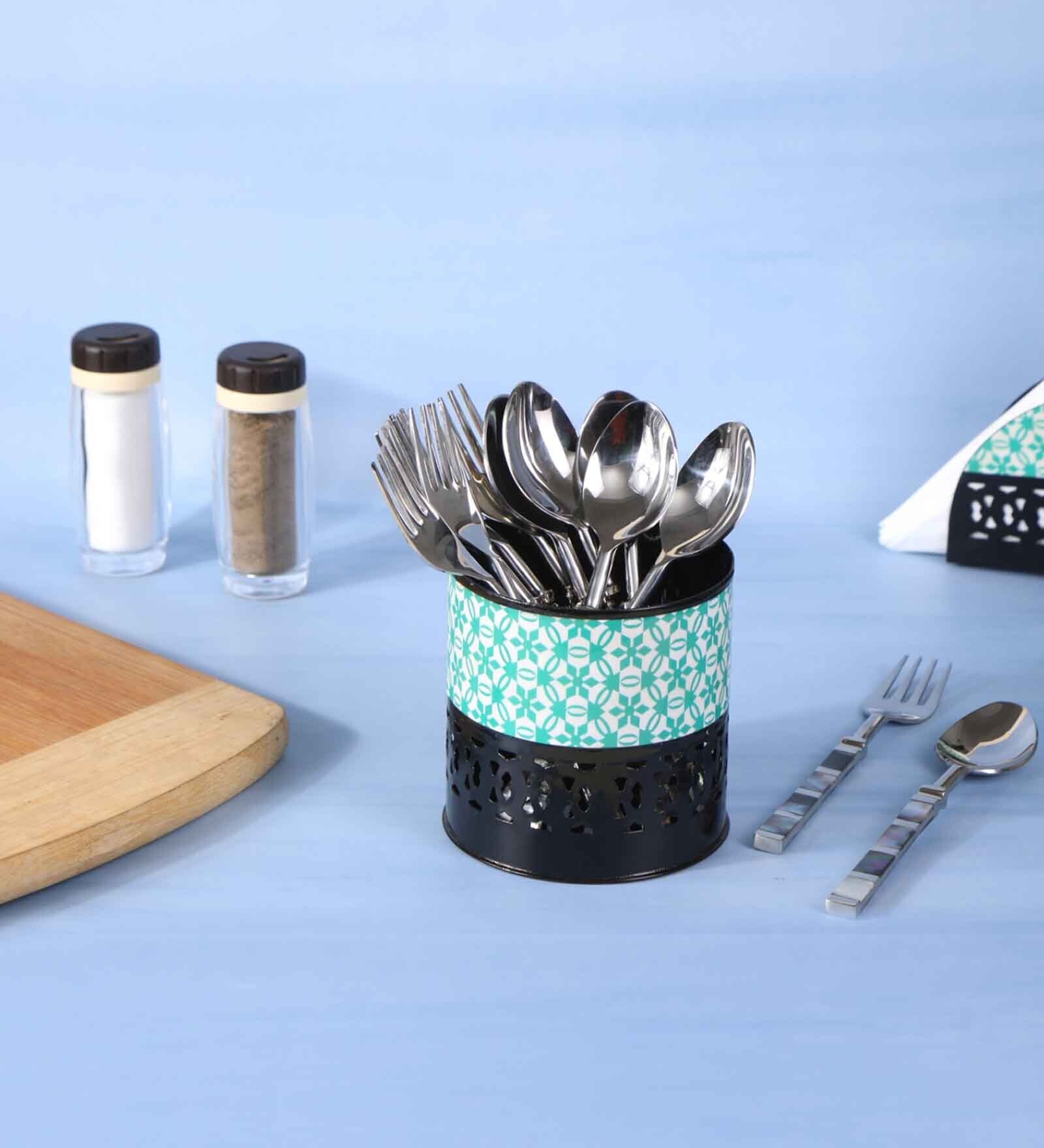 Black & Green Mdf Wood Square 1 Pcs Cutlery Holder