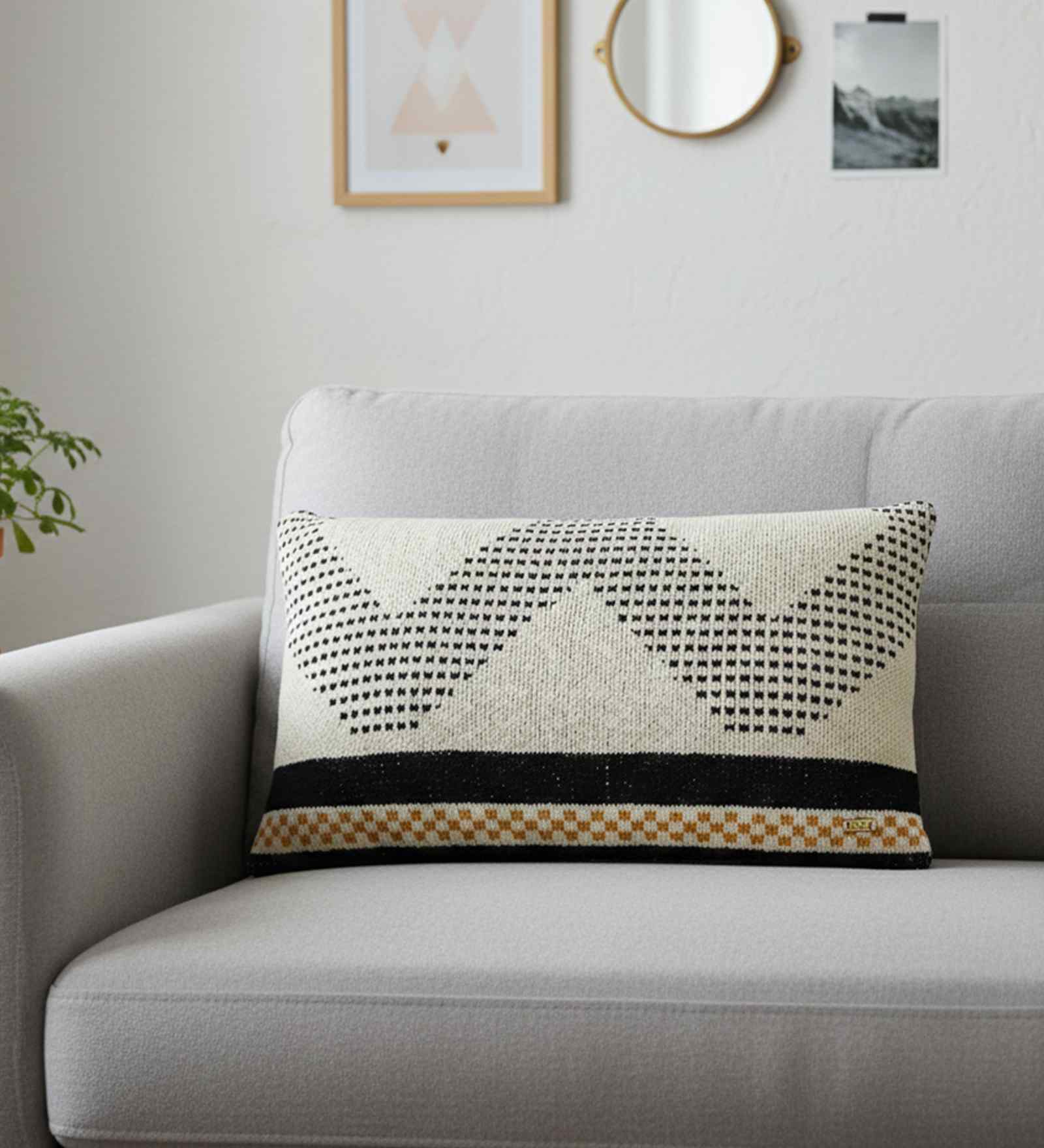 Black & Natural 100% Cotton Diamond Check 12X20 Inches Knitted Cushion Cover