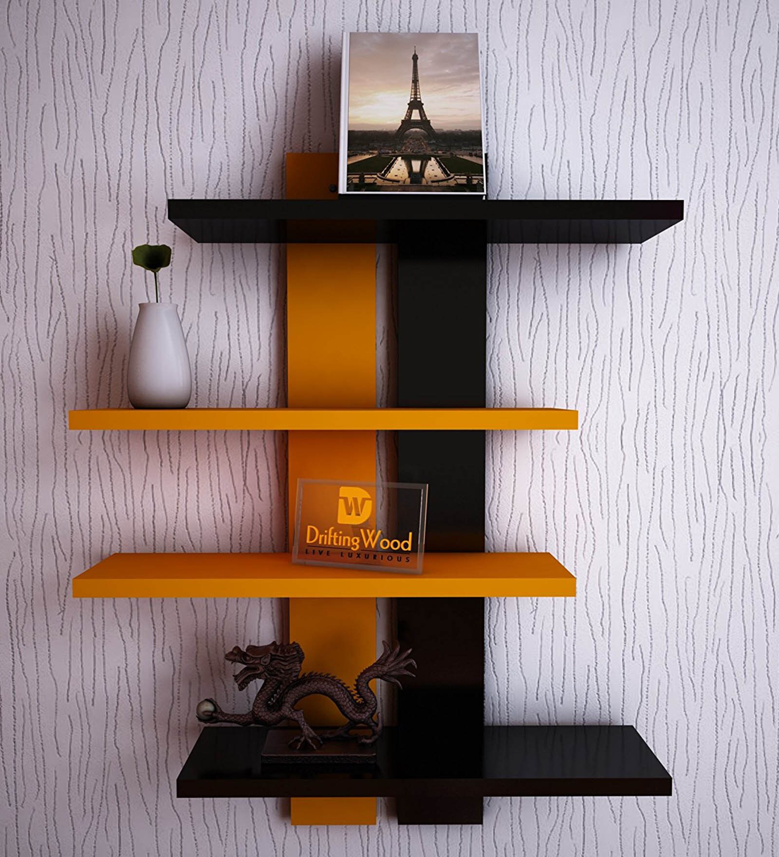 Buy Engineered Wood Ladder Floating Wall Shelf in Black & Orange Colour