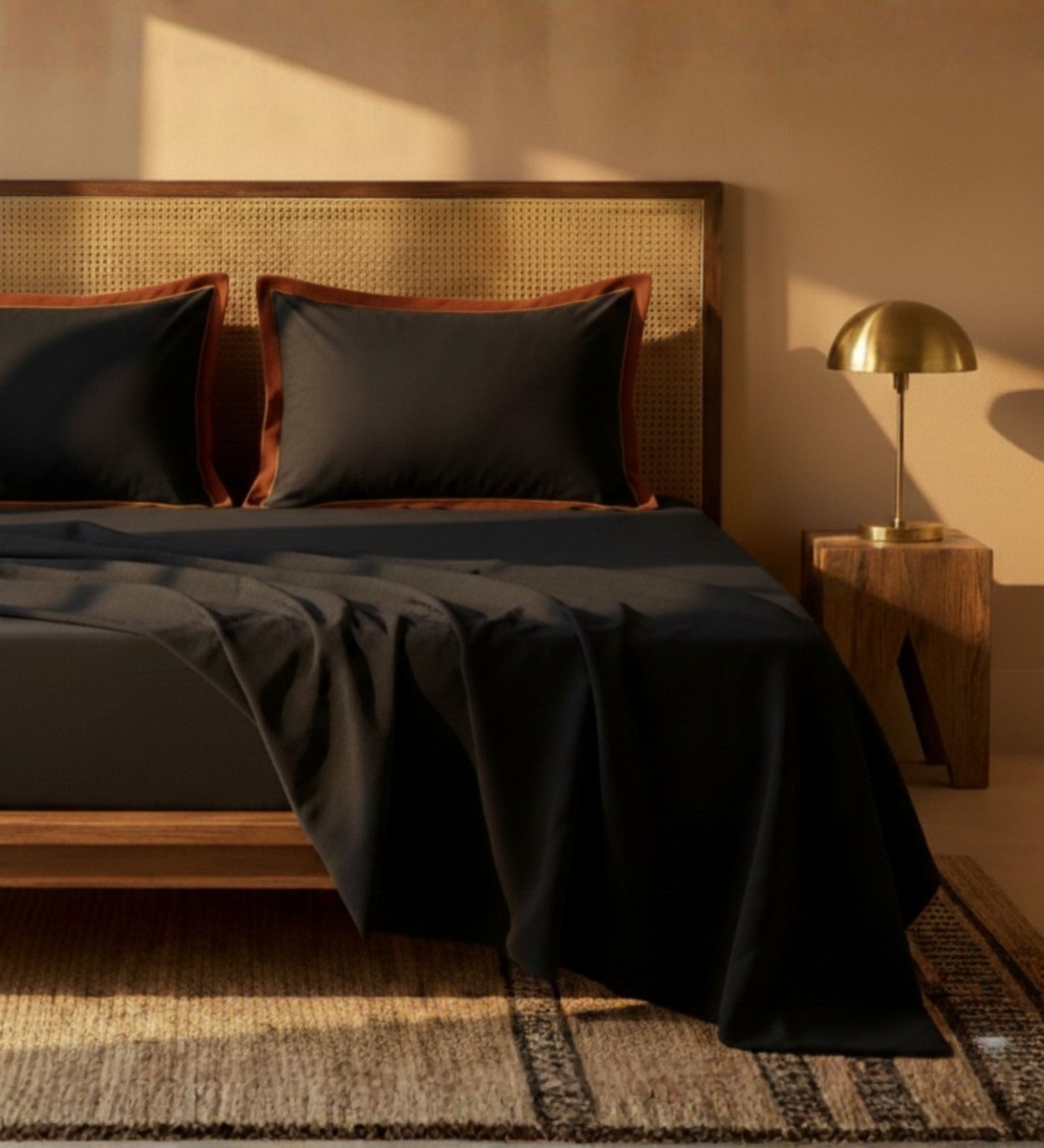 Black & Rust 400 TC Cotton Satin King Size Bedsheet with 2 Flanged Pillow Covers