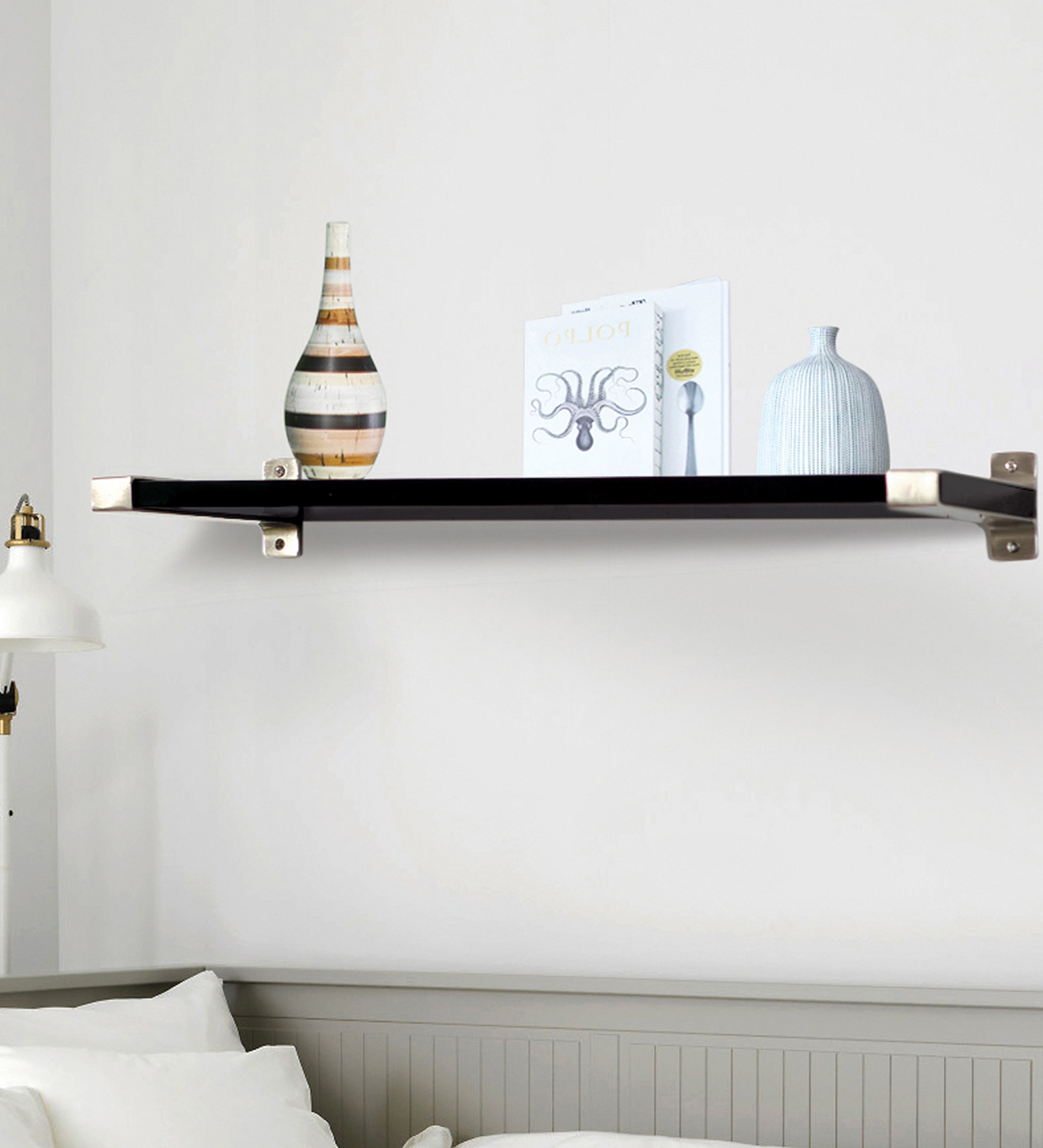 Solid Wood Fixed Bracket Wall Shelf with Bright Nickel Brackets in Black & Silver Colour