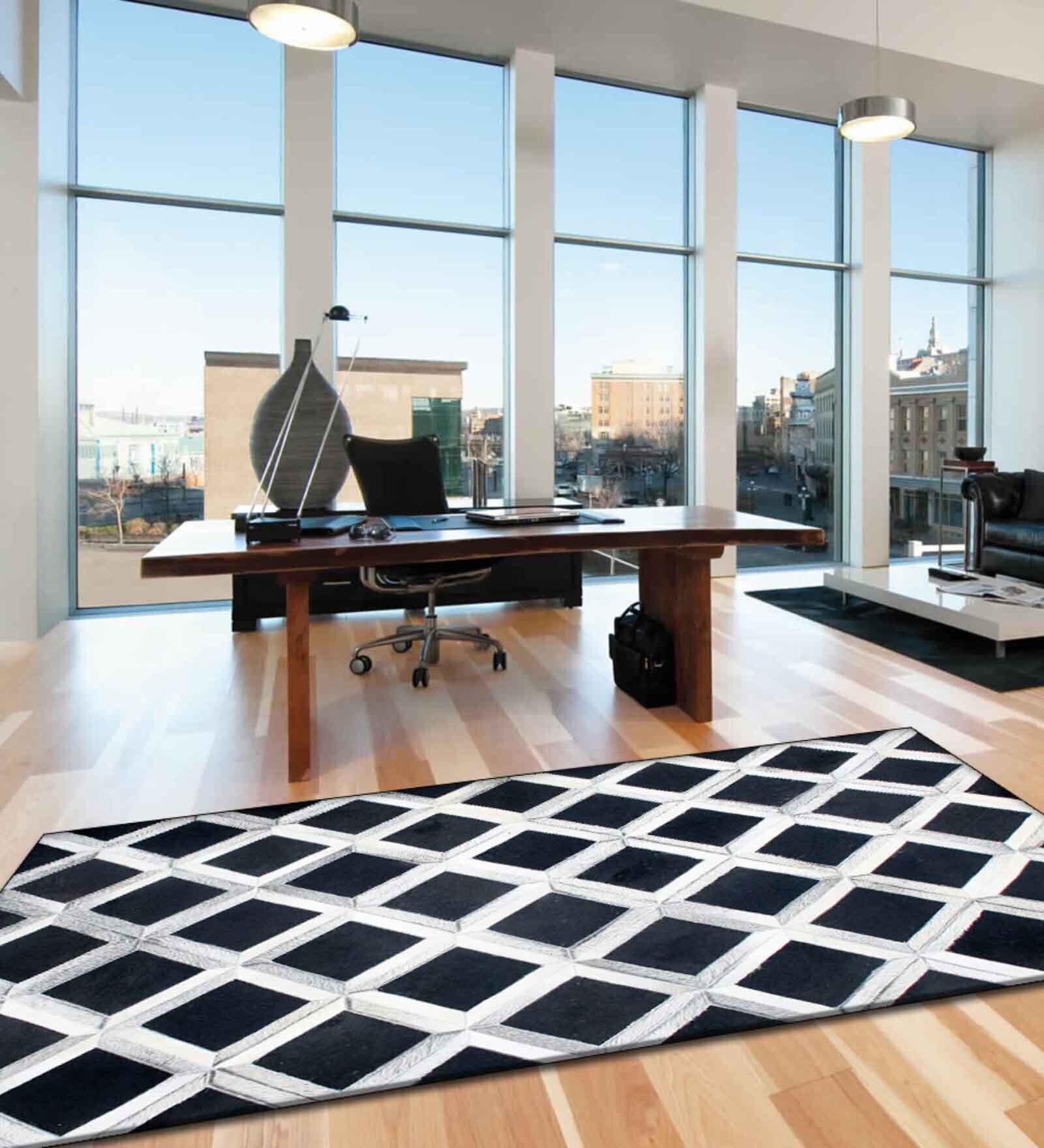 Black & White Hair On Leather Checkered Hand Woven 4X6ft   Carpet