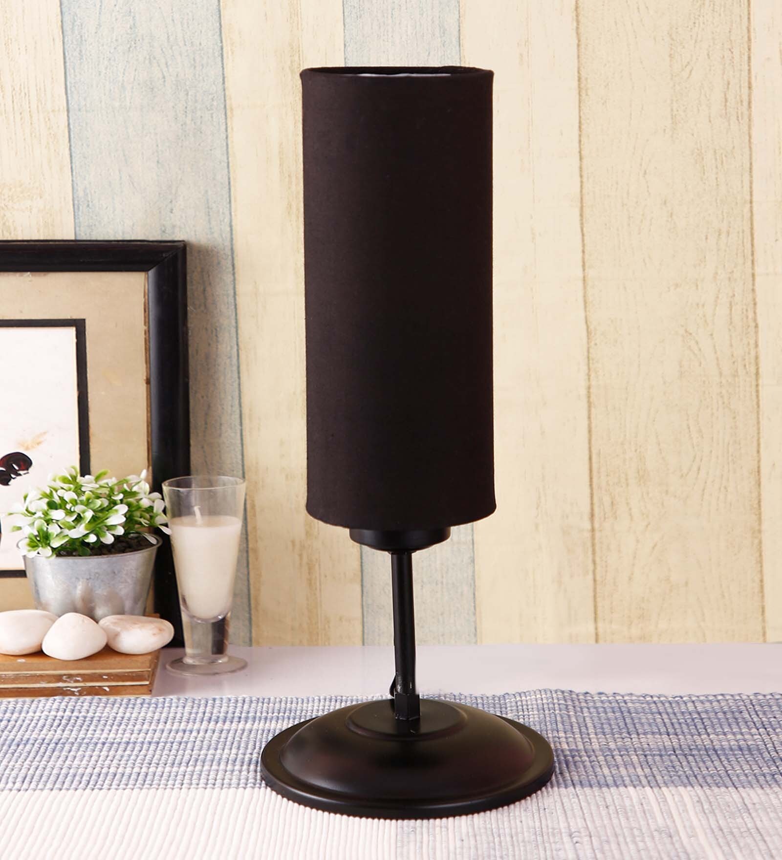 Black  Cotton  Shade Traditional Table Lamp With Black  Base