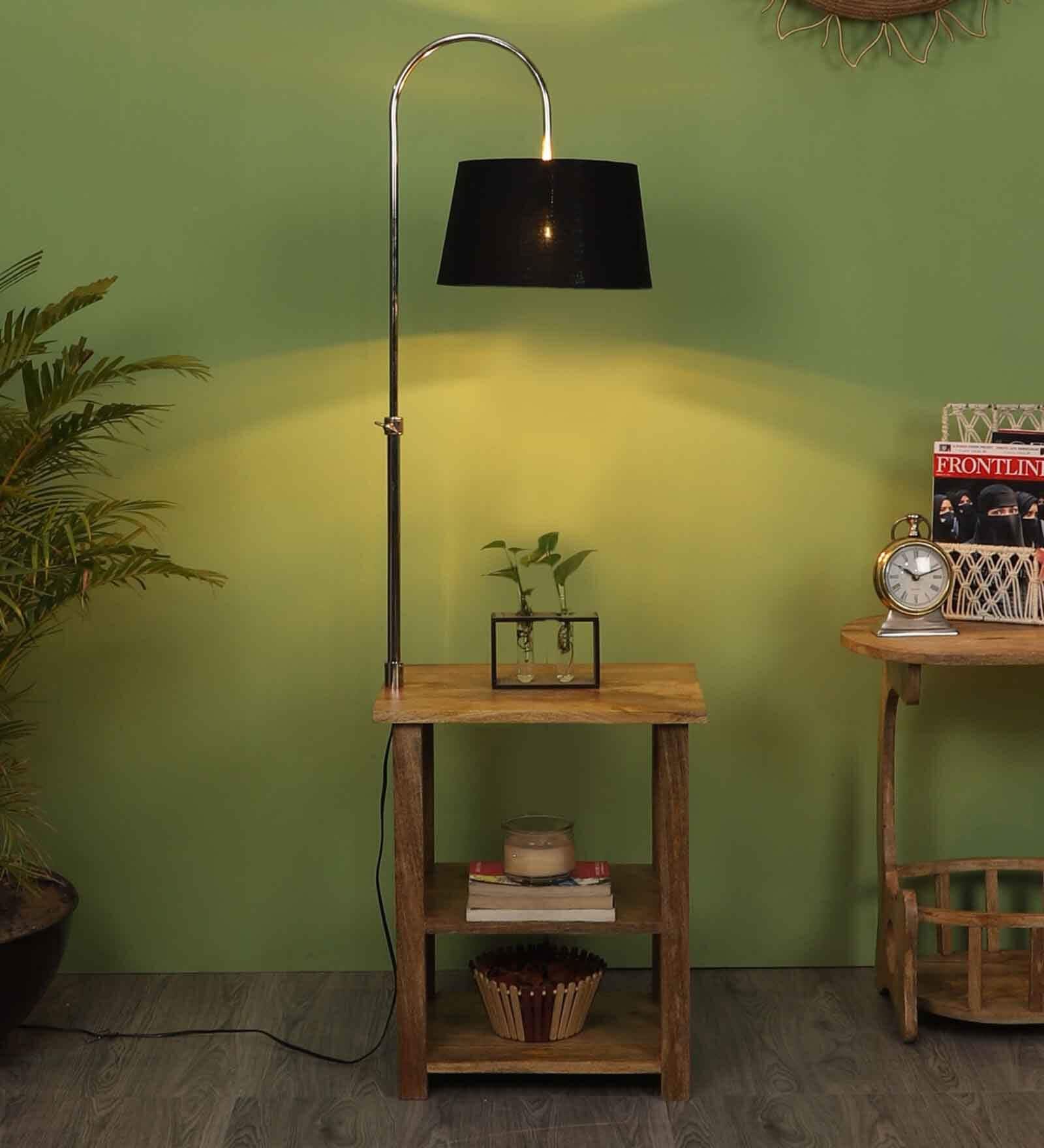 Black Fabric Shade Floor Lamp With Brown & Nickel Base