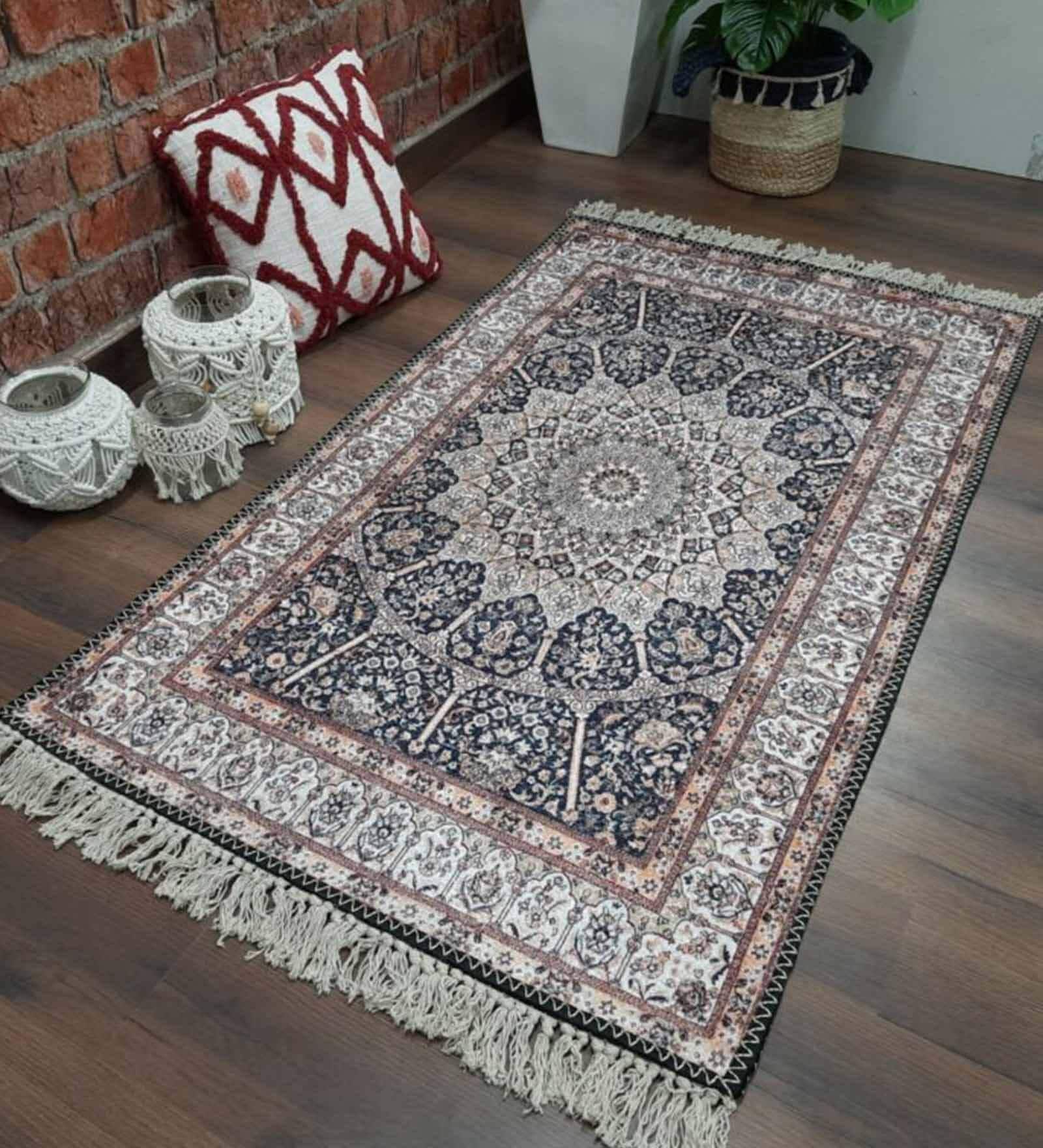 Black Faux Silk Vintage 4 x 6 Feet Hand Woven Carpet -Avioni Collection