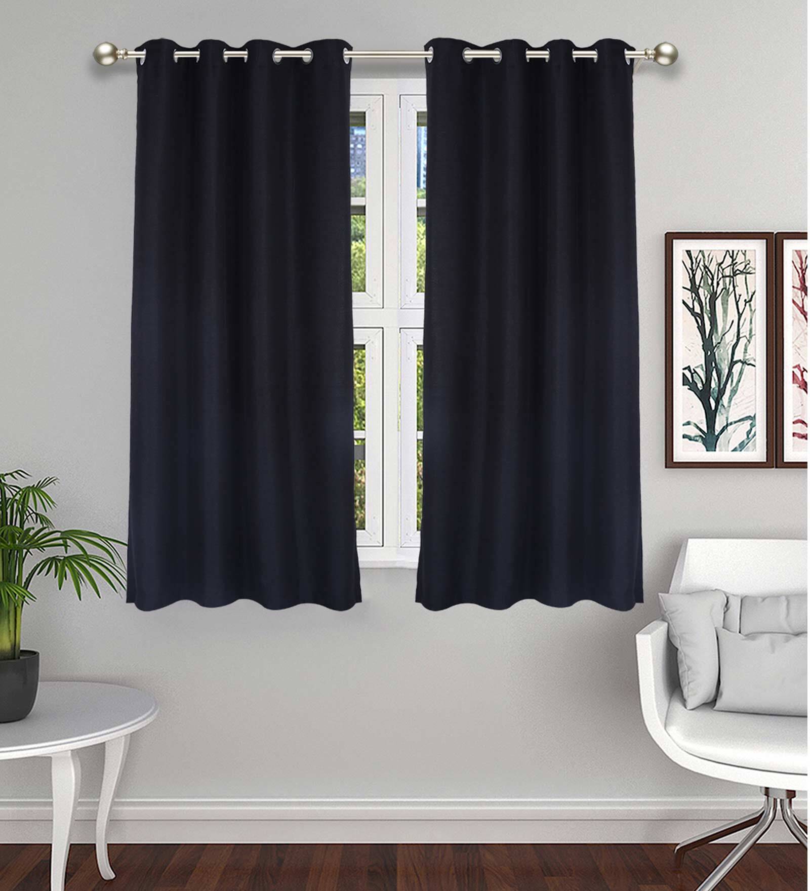 Black Solid Jute 5 Ft Light Filtering Eyelet Window Curtains (Set of 2)
