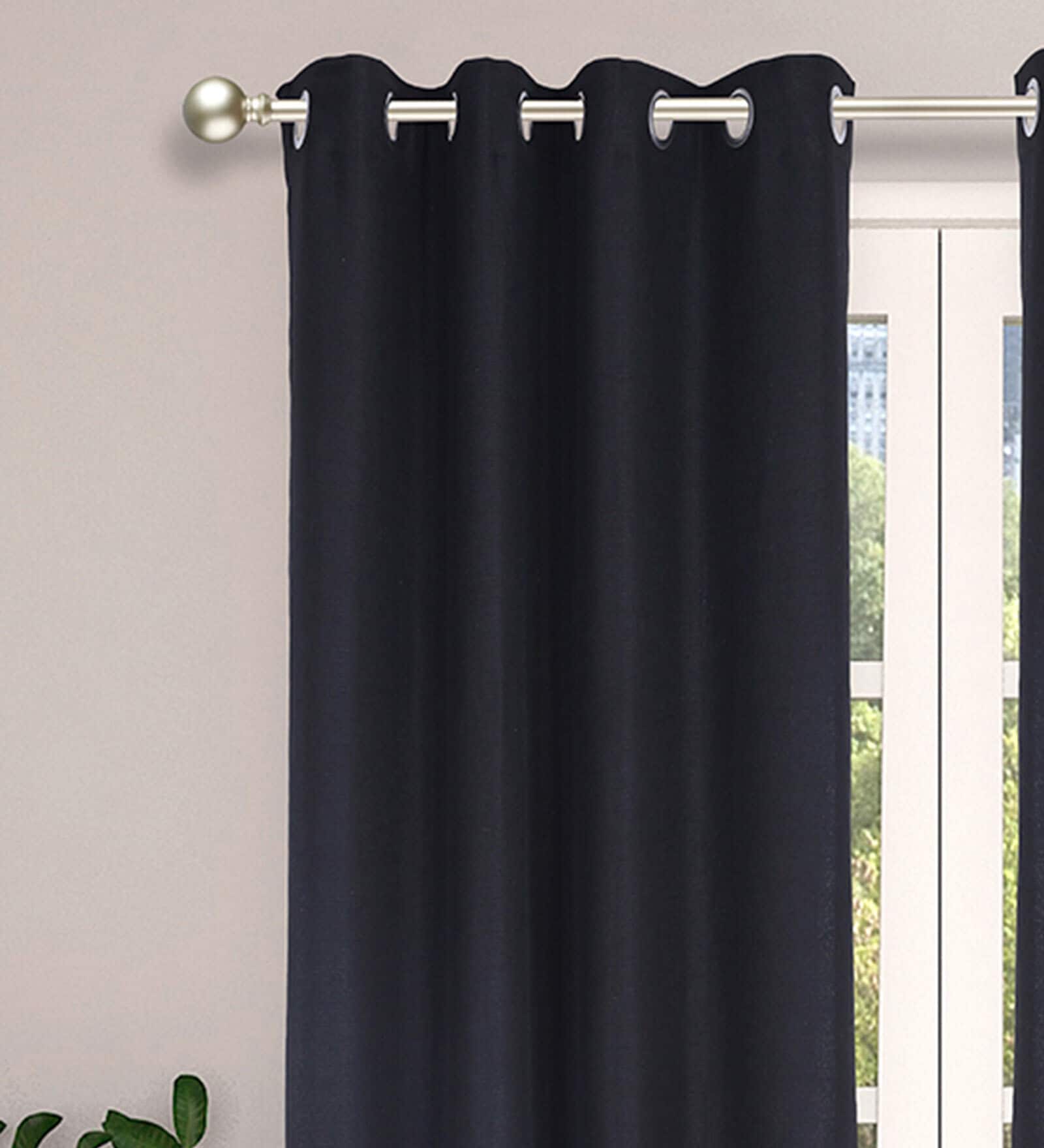 Black Solid Jute 7 Ft Light Filtering Eyelet Door Curtains (Set of 2)