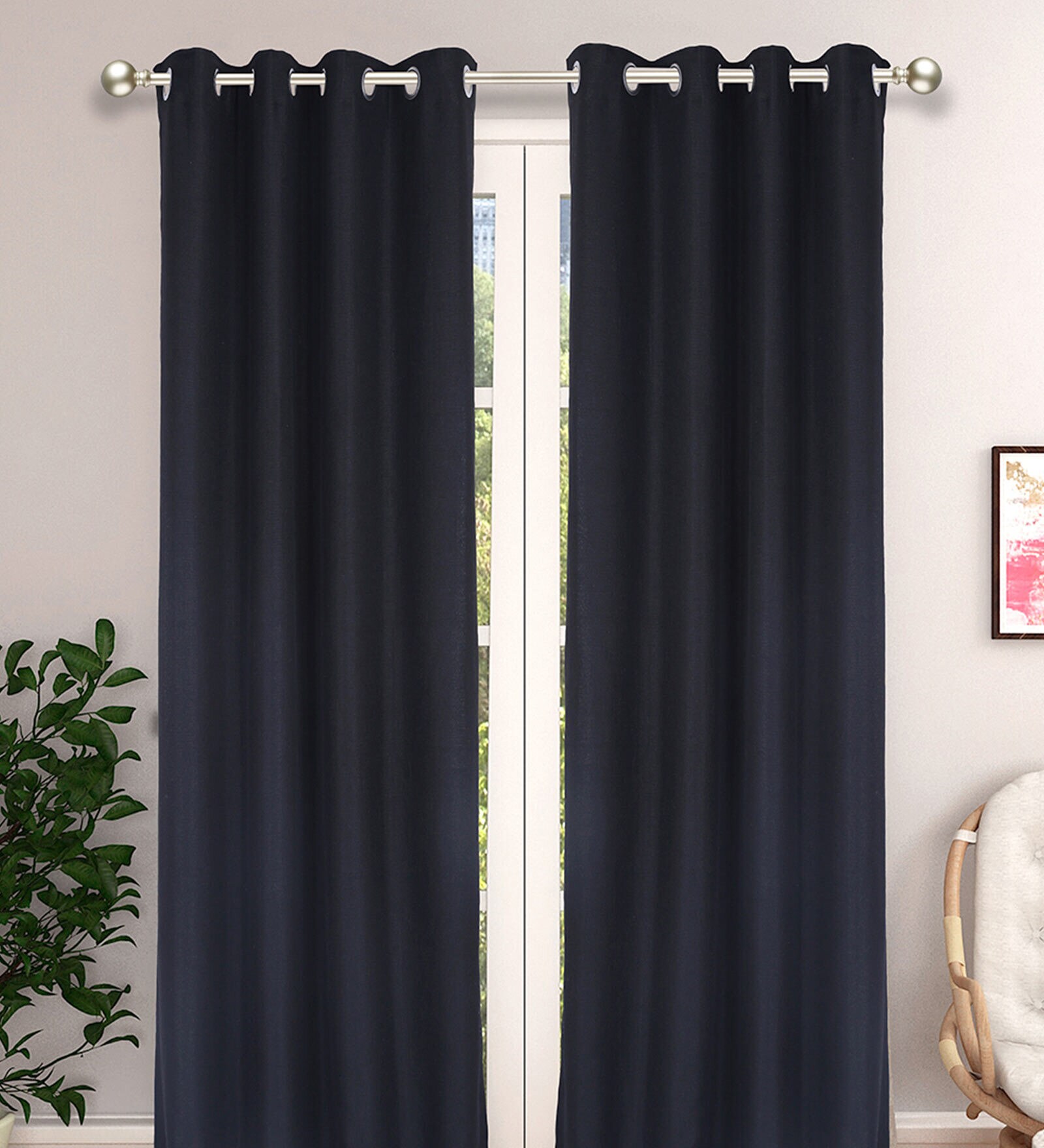 Black Solid Jute 9 Ft Light Filtering Eyelet Door Curtains (Set of 2)