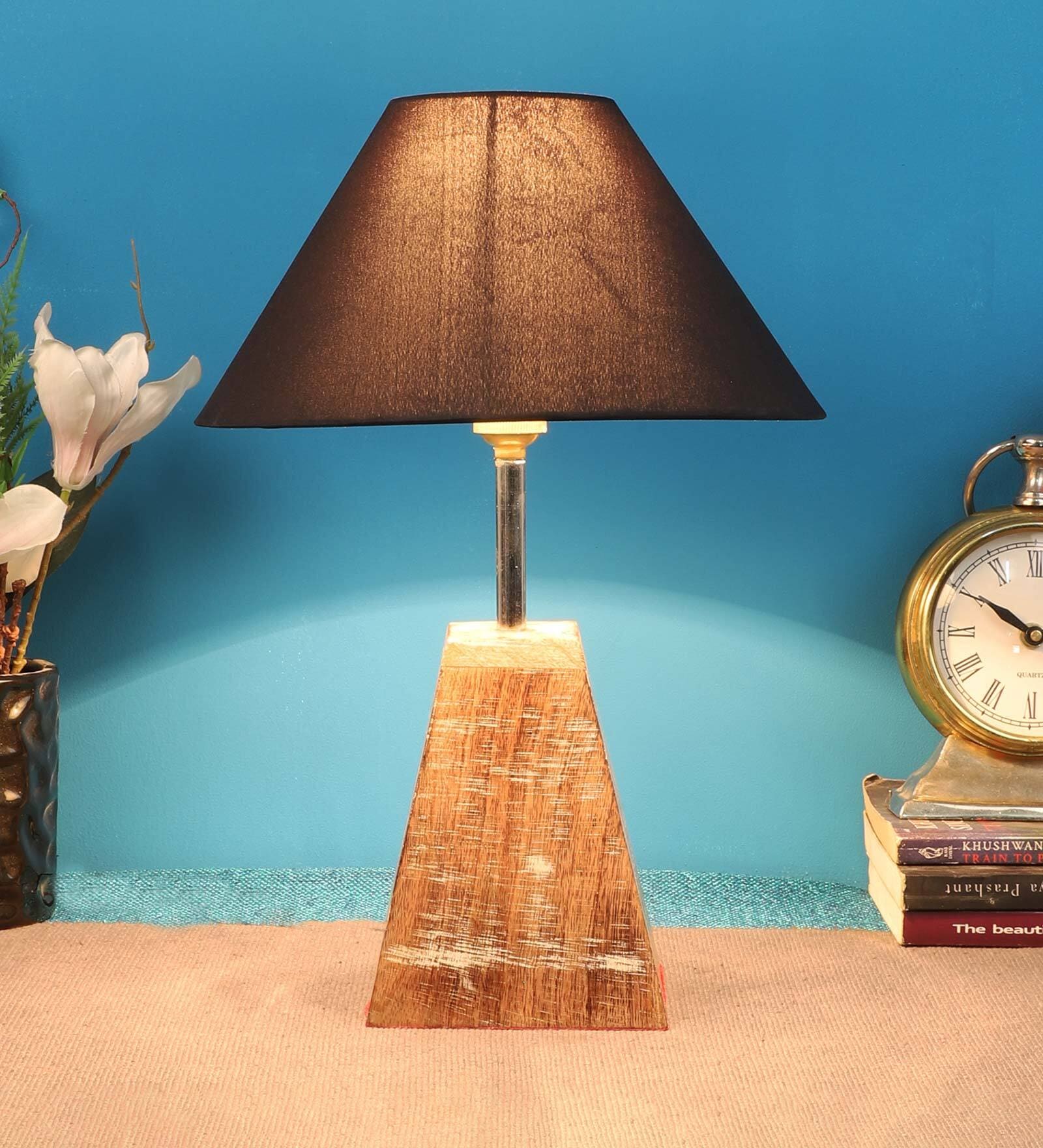 Black  Shade Table Lamp With Brown Woodden Base