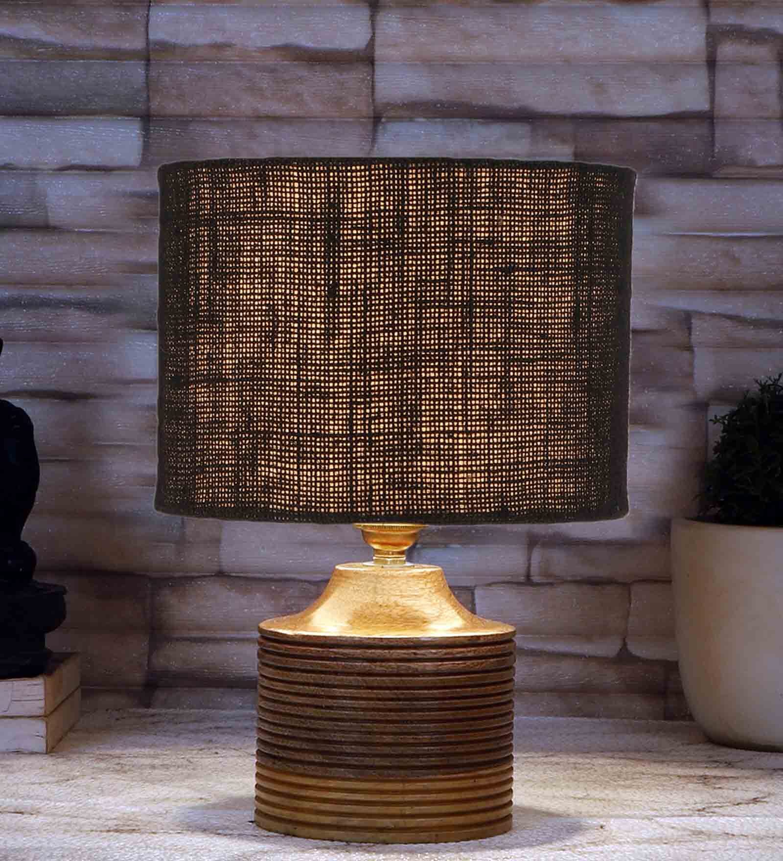 Black  Shade Table Lamp With Wood Base