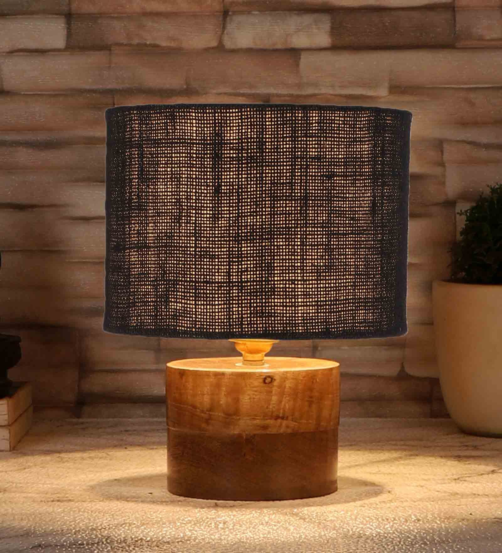Black  Shade Table Lamp With Wood Base