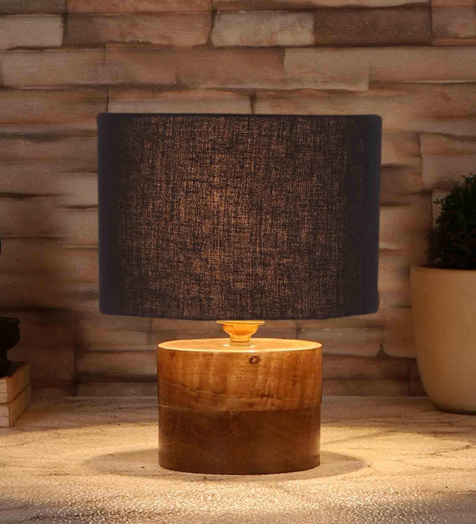 Black  Shade Table Lamp With Wood Base