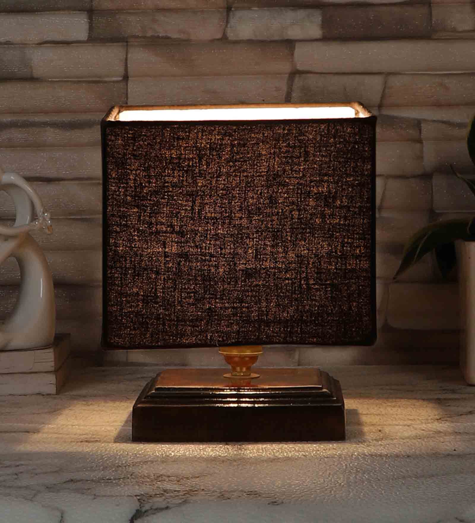 Black  Shade Table Lamp With Wood Base