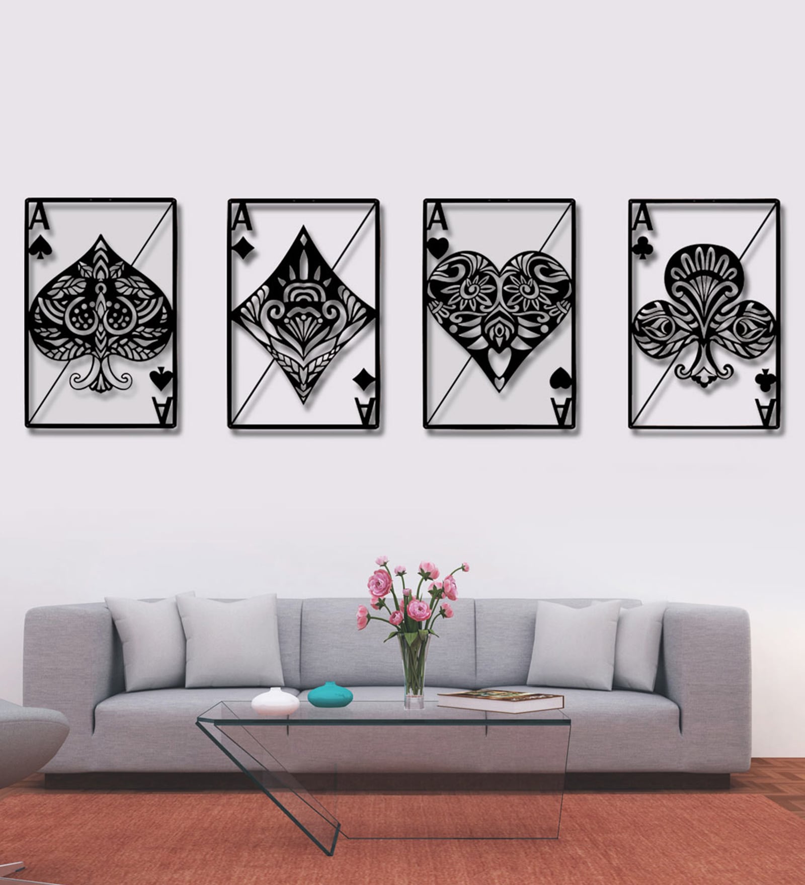 BLACK  Vintage Metal Ace Wall Hanging Art Decor Set of 4