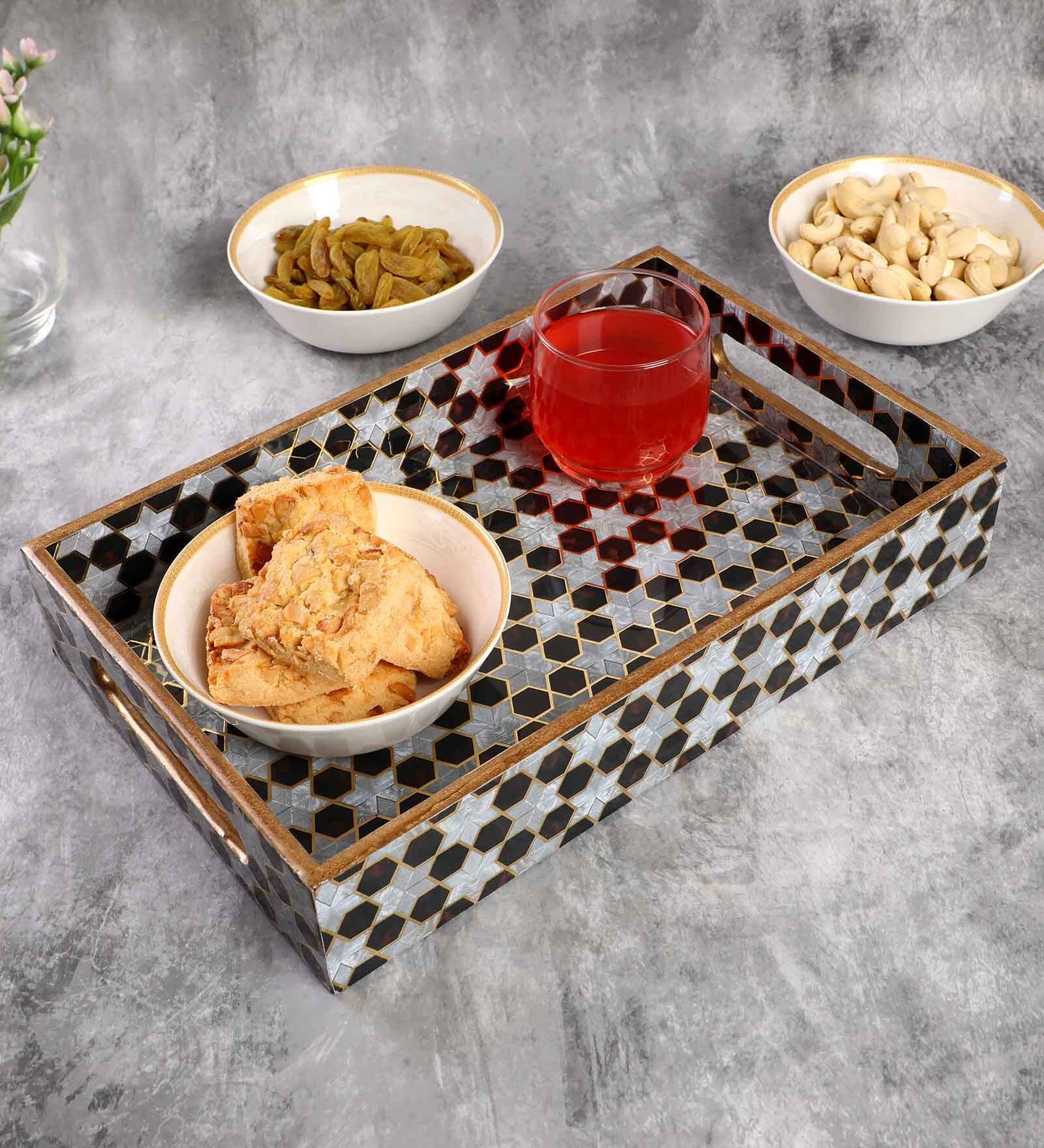 Black, White & Gold MDF Wood Mosaic  Rectangle Serving Tray