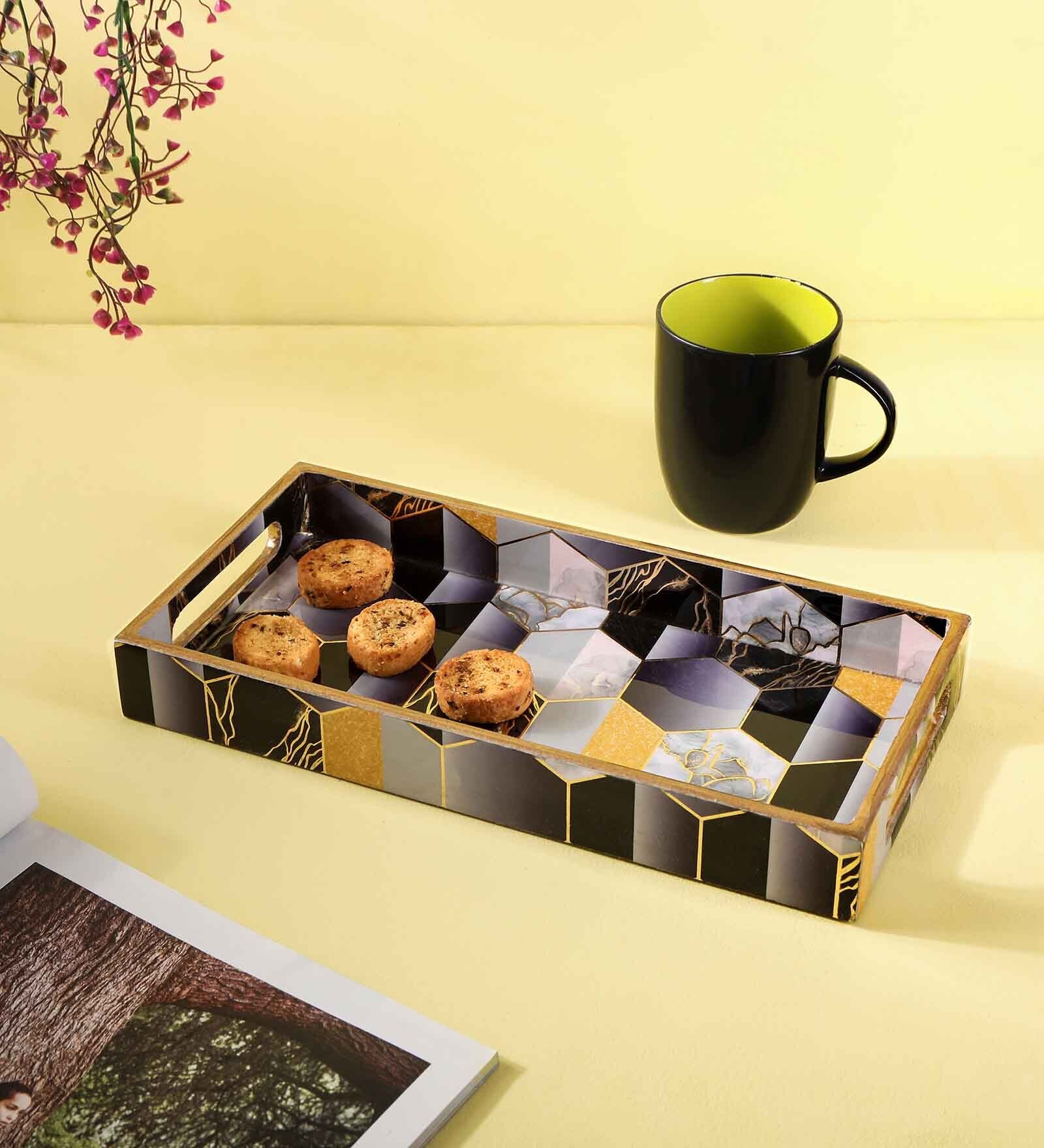 Black, Yellow & Gold, Grey MDF Wood Hexagon  Rectangle Serving Tray