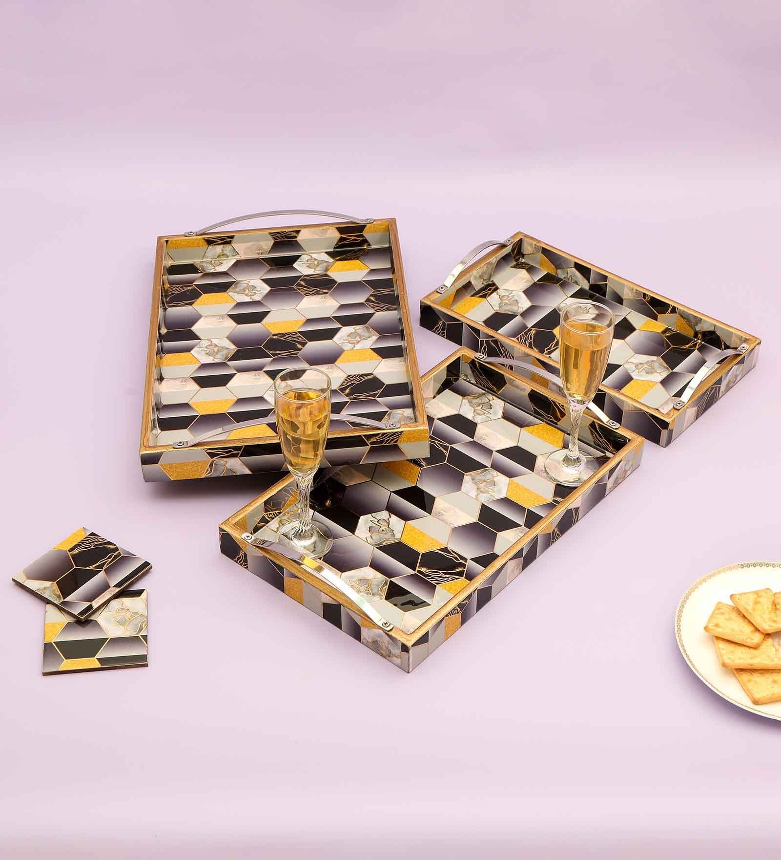 Black, Yellow & Gold, Grey MDF Wood Hexagon (Set of 3) Serving Tray