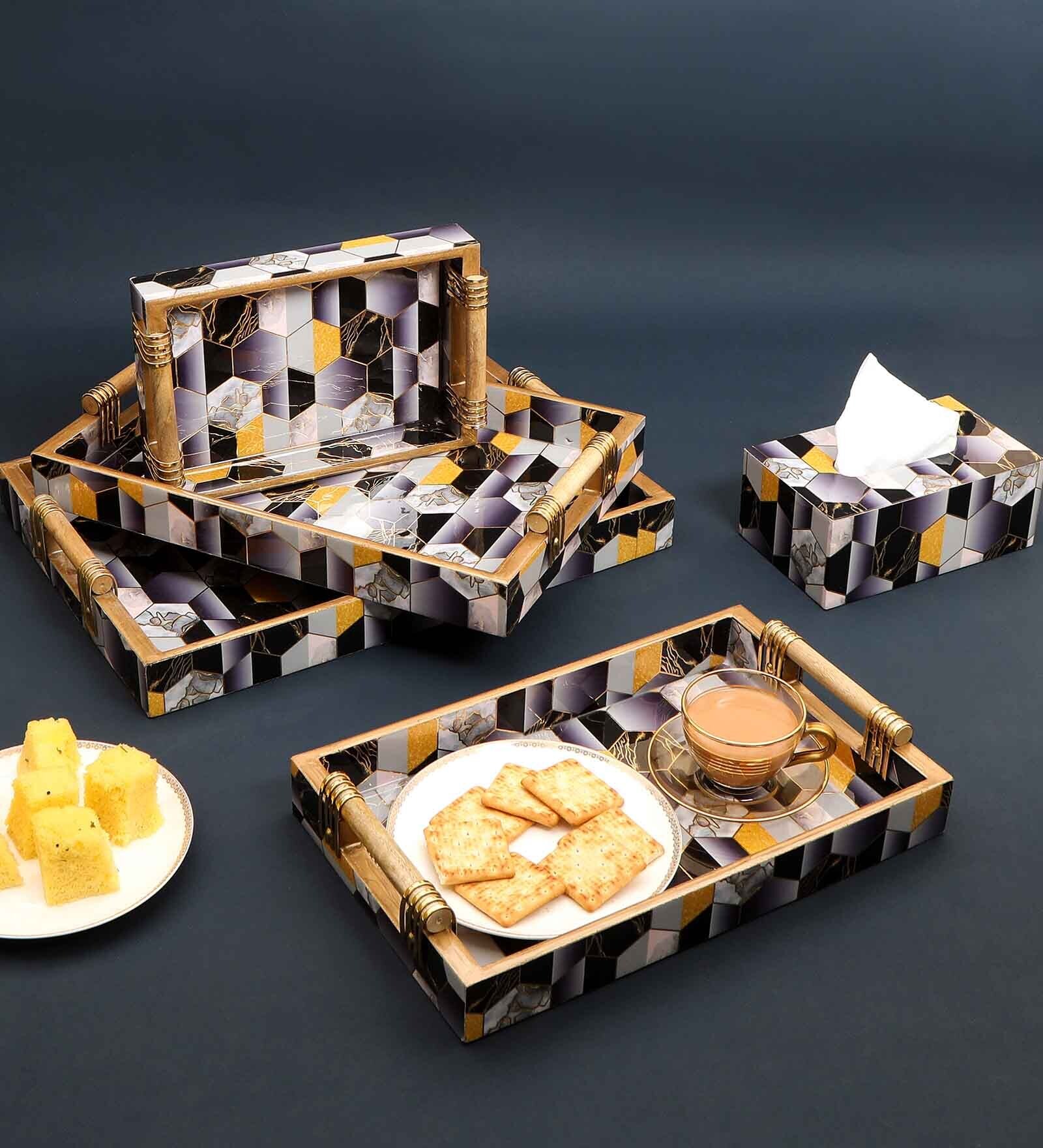 Black, Yellow & Gold, Grey MDF Wood Hexagon (Set of 4) Serving Trays
