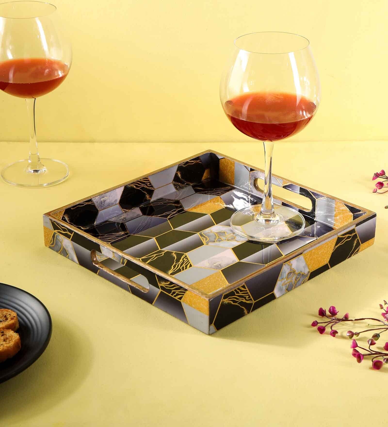 Black, Yellow & Gold, Grey MDF Wood Hexagon  Square Serving Tray