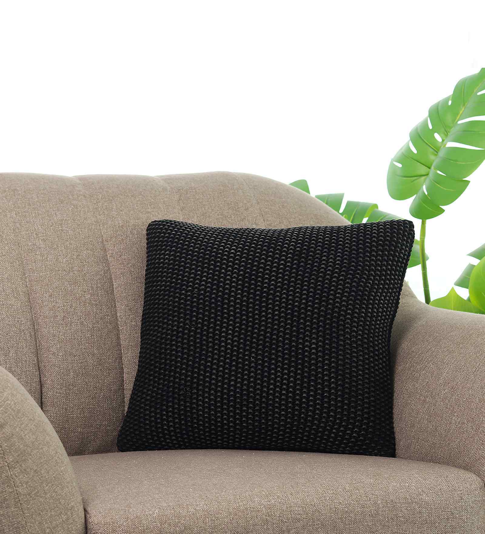Black 100% Cotton Knitted Purl 16X16 Inches Knitted Cushion Cover