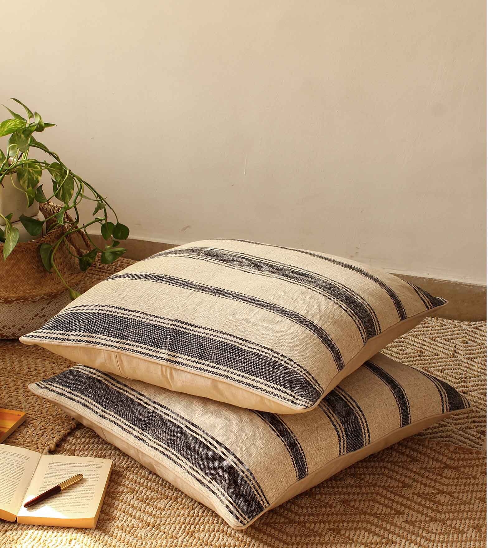 Buy Black 100% Cotton Striped 24x24 inches Cushion Covers (Set of 2) at ...