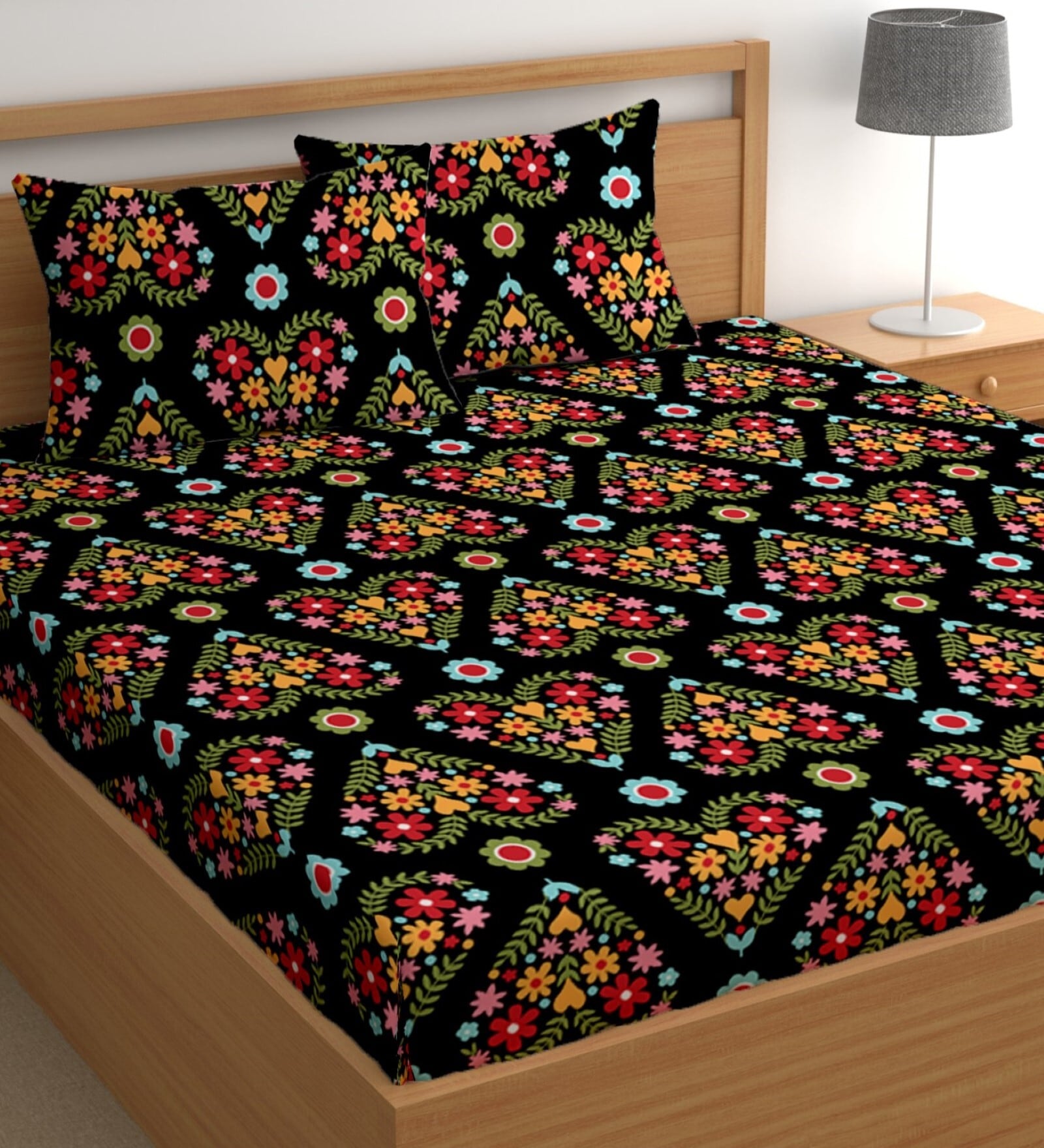 Black 180 TC Floral Cotton Queen Double Bedsheet 2 Pillow covers