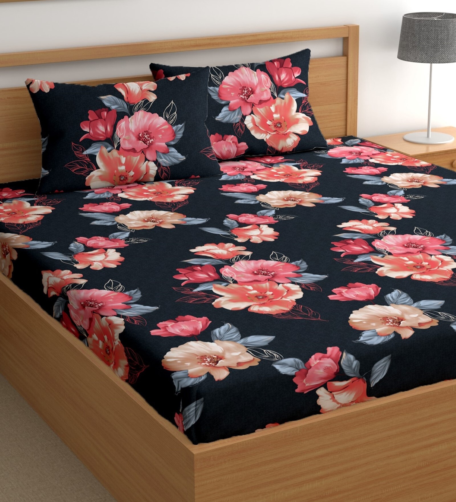 Black 180 TC Floral Cotton Queen Double Bedsheet 2 Pillow covers
