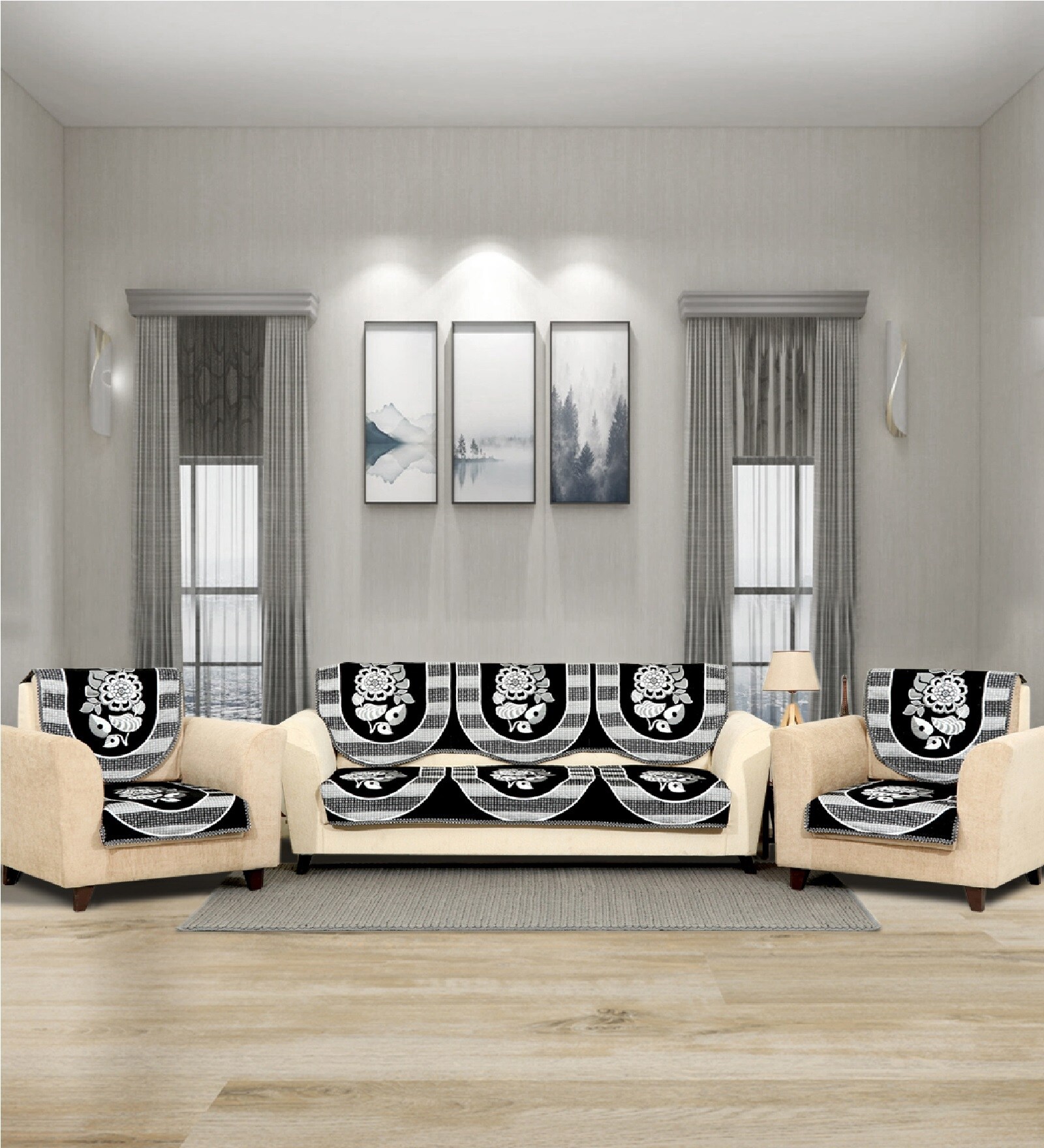 Black 5 Seater Floral 10Pcs Sofa Covers