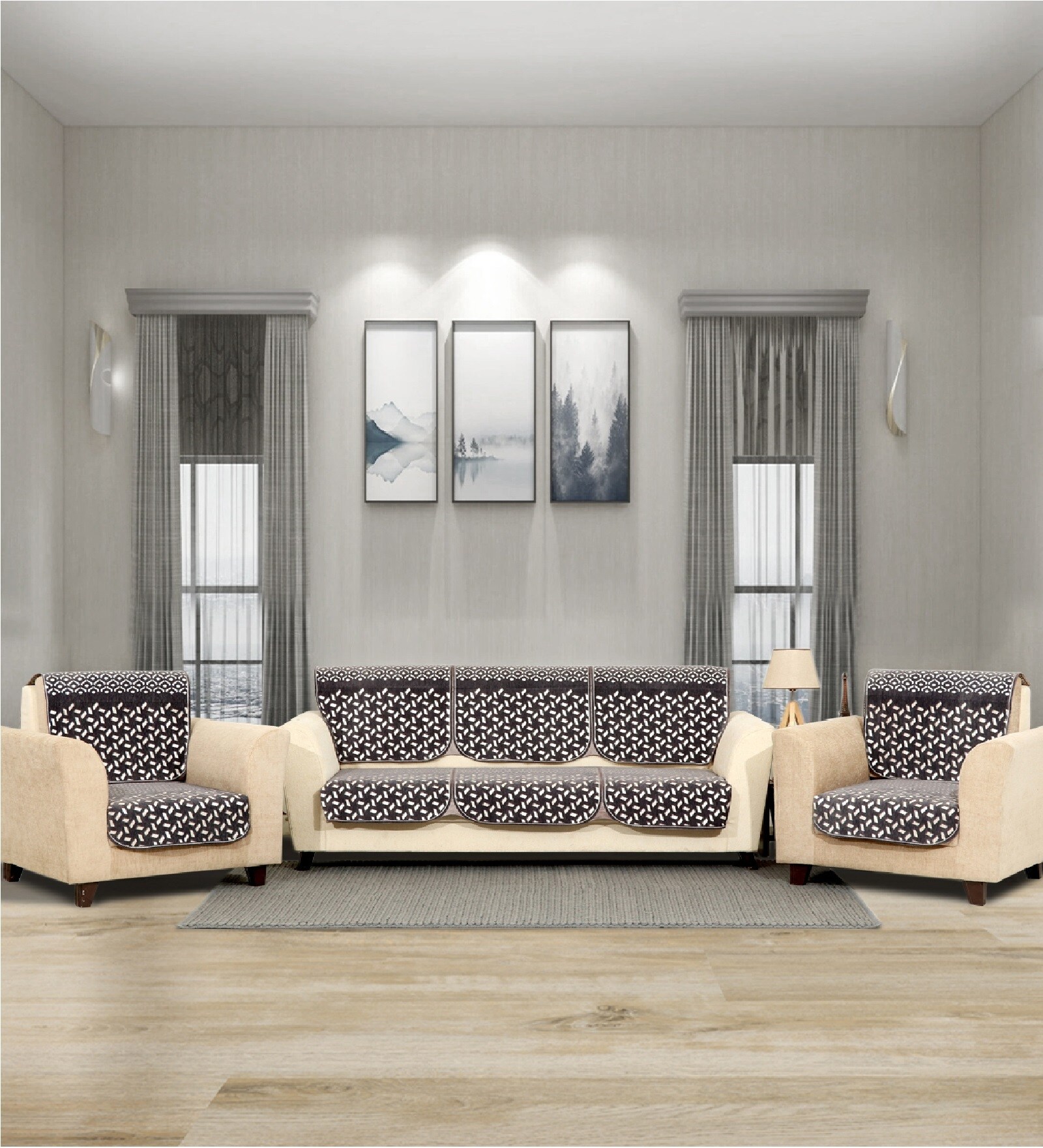 Black 5 Seater Geometric 10Pcs Sofa Covers