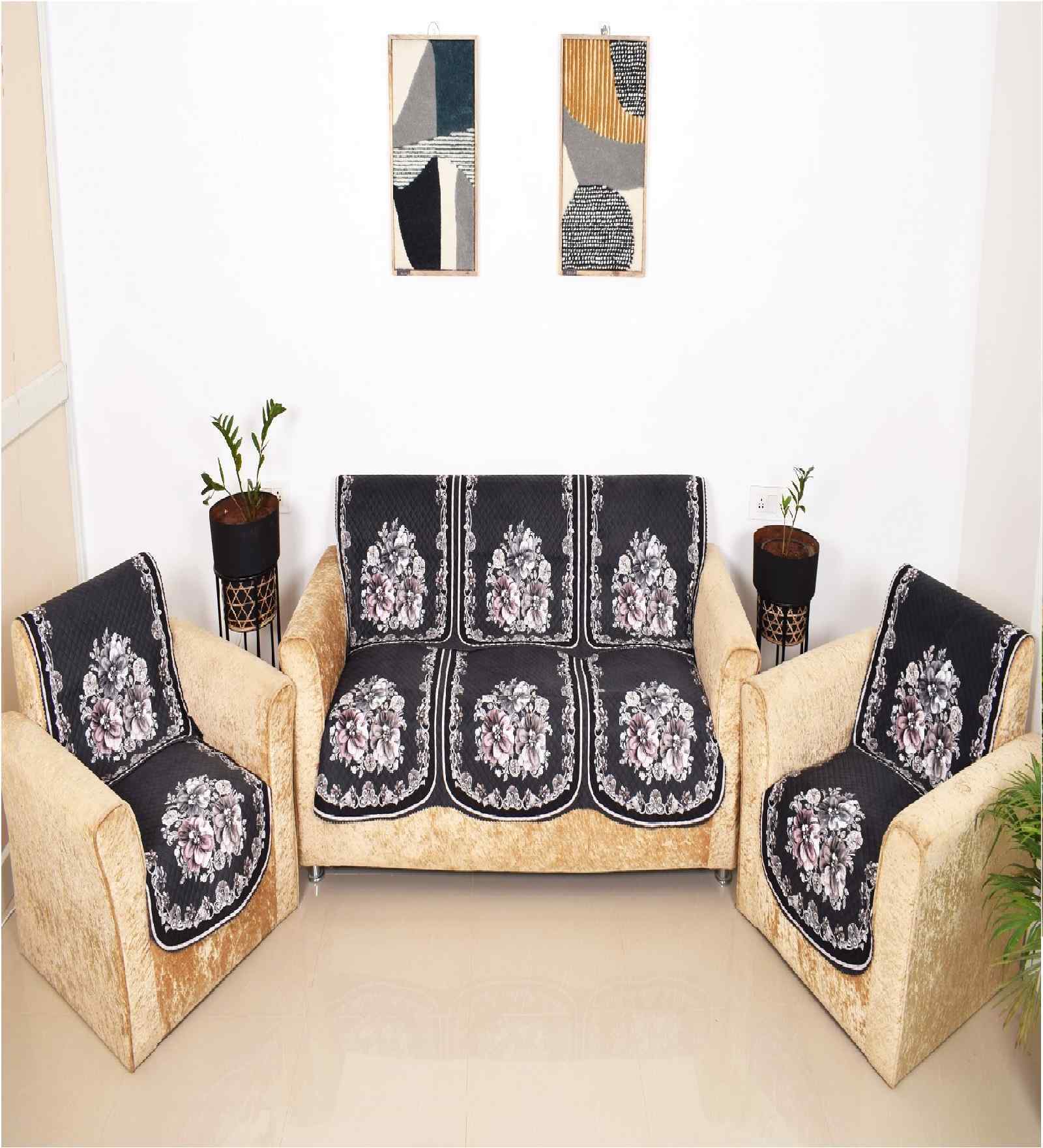 Black 5 Seater Floral 10Pcs Sofa Covers