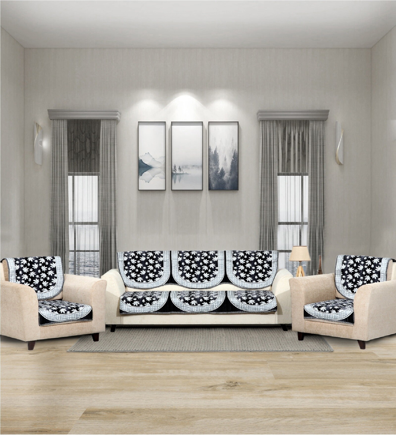 Black 5 Seater Polka Dot 10Pcs Sofa Covers