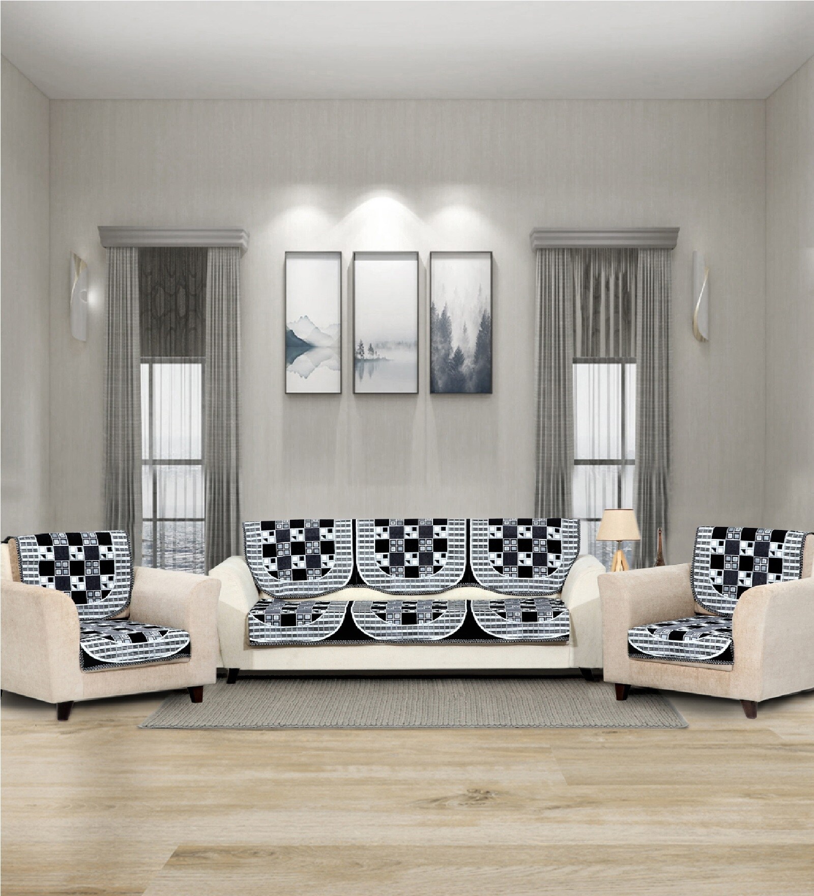 Black 5 Seater Checkered 10Pcs Sofa Covers