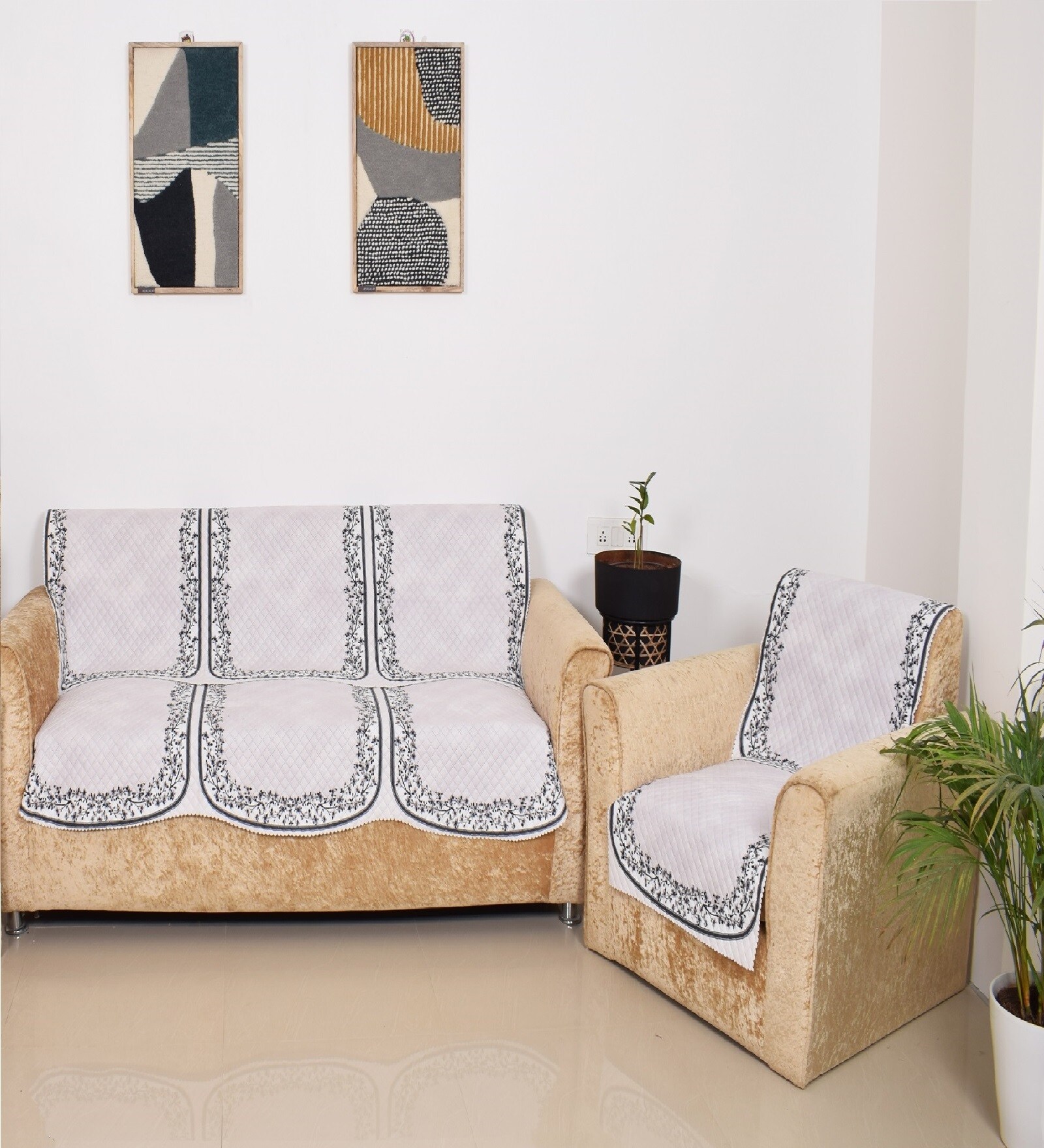 Black 5 Seater Floral 10Pcs Sofa Covers