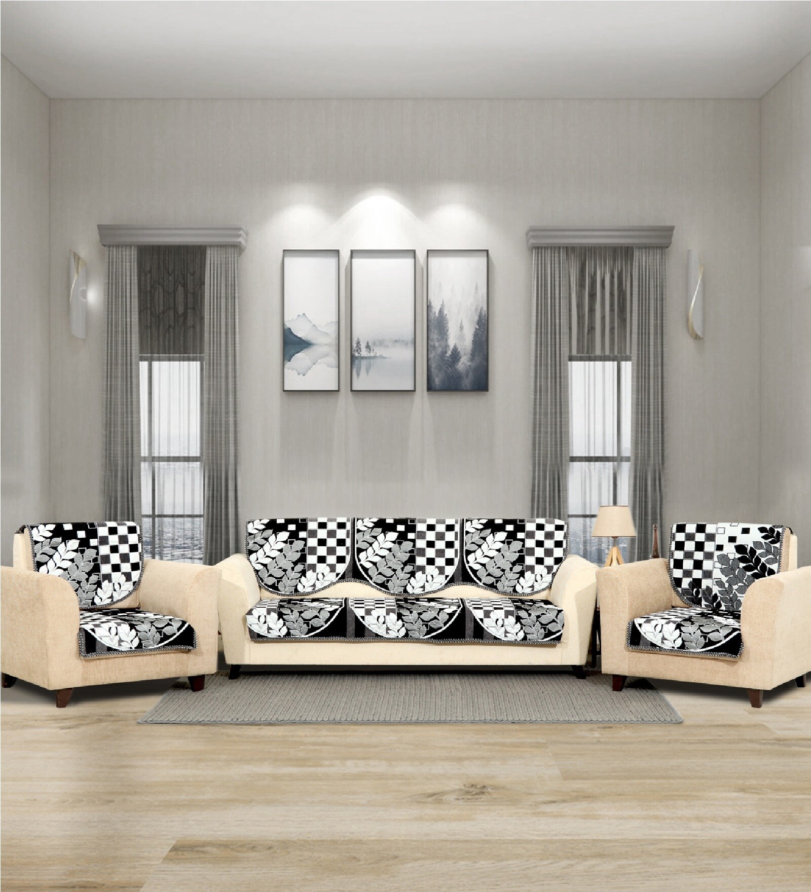 Black 5 Seater Checkered 10Pcs Sofa Covers