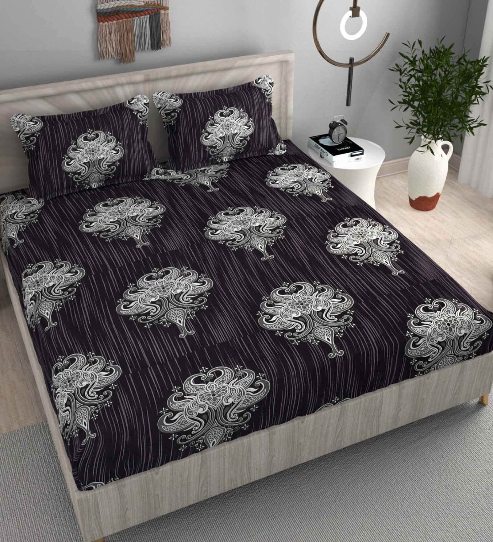 Black Floral 220 TC Microfiber King Size Fitted Bedsheet With 2 Pillow Covers