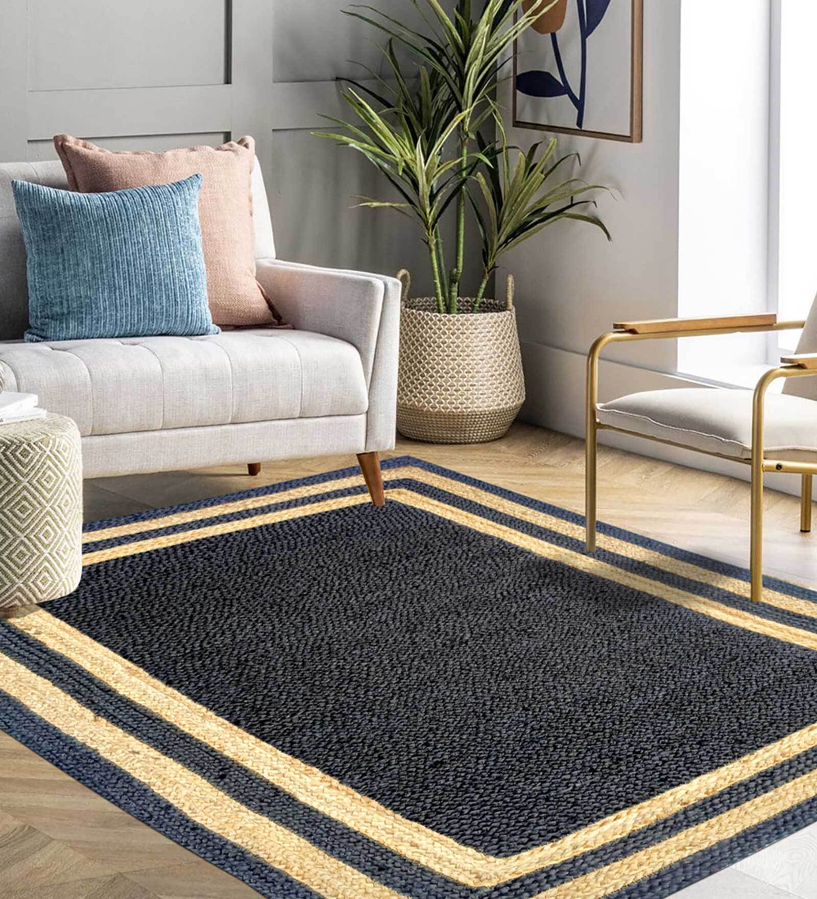 Teal Striped Jute 3 ft x 5 ft Hand Woven Carpet