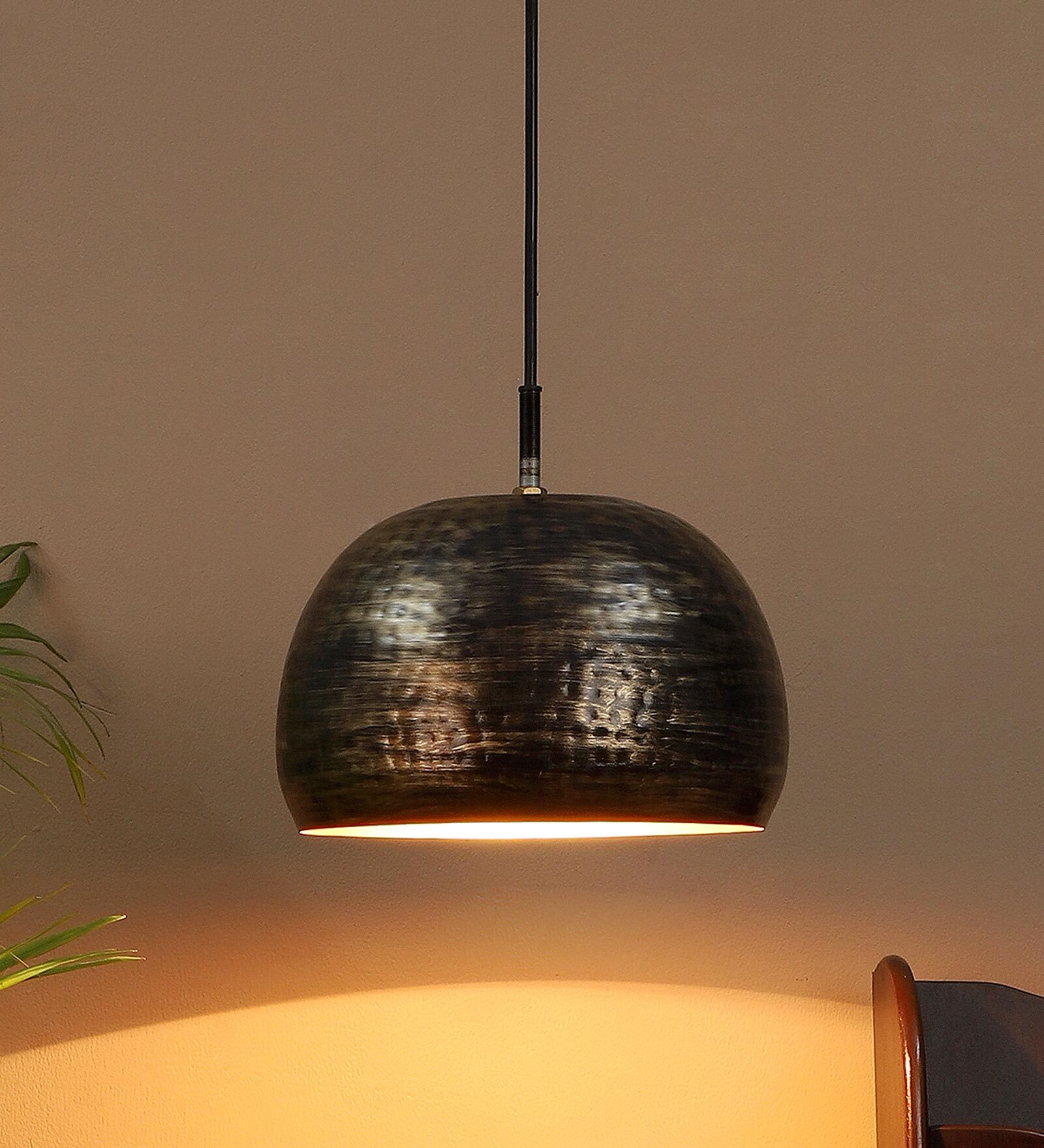 Hanging Hammered Black & Gold Single Lamp