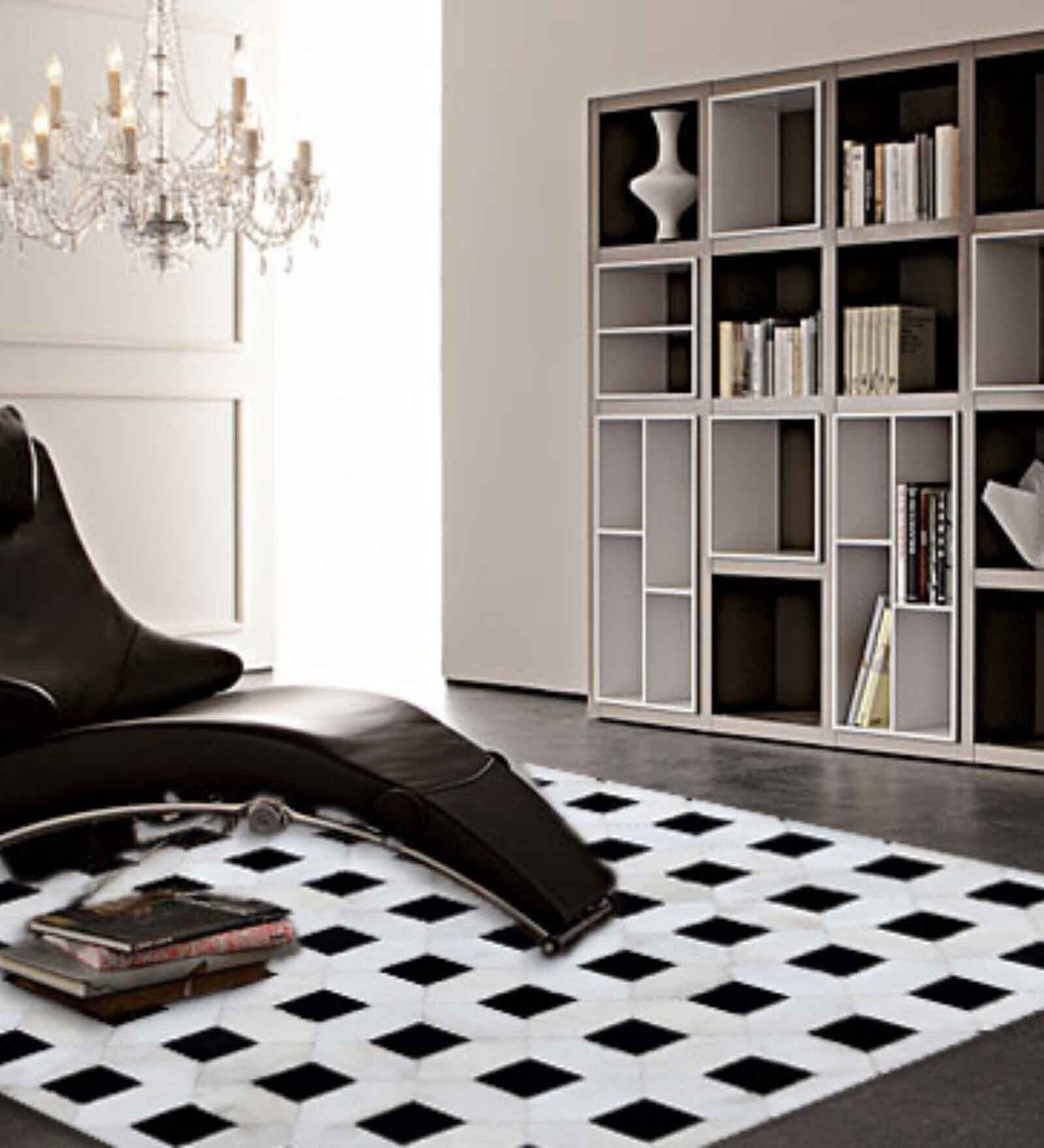 Black and Ivory Hair On Leather Checkered Hand Woven 9ftx12ft Carpet