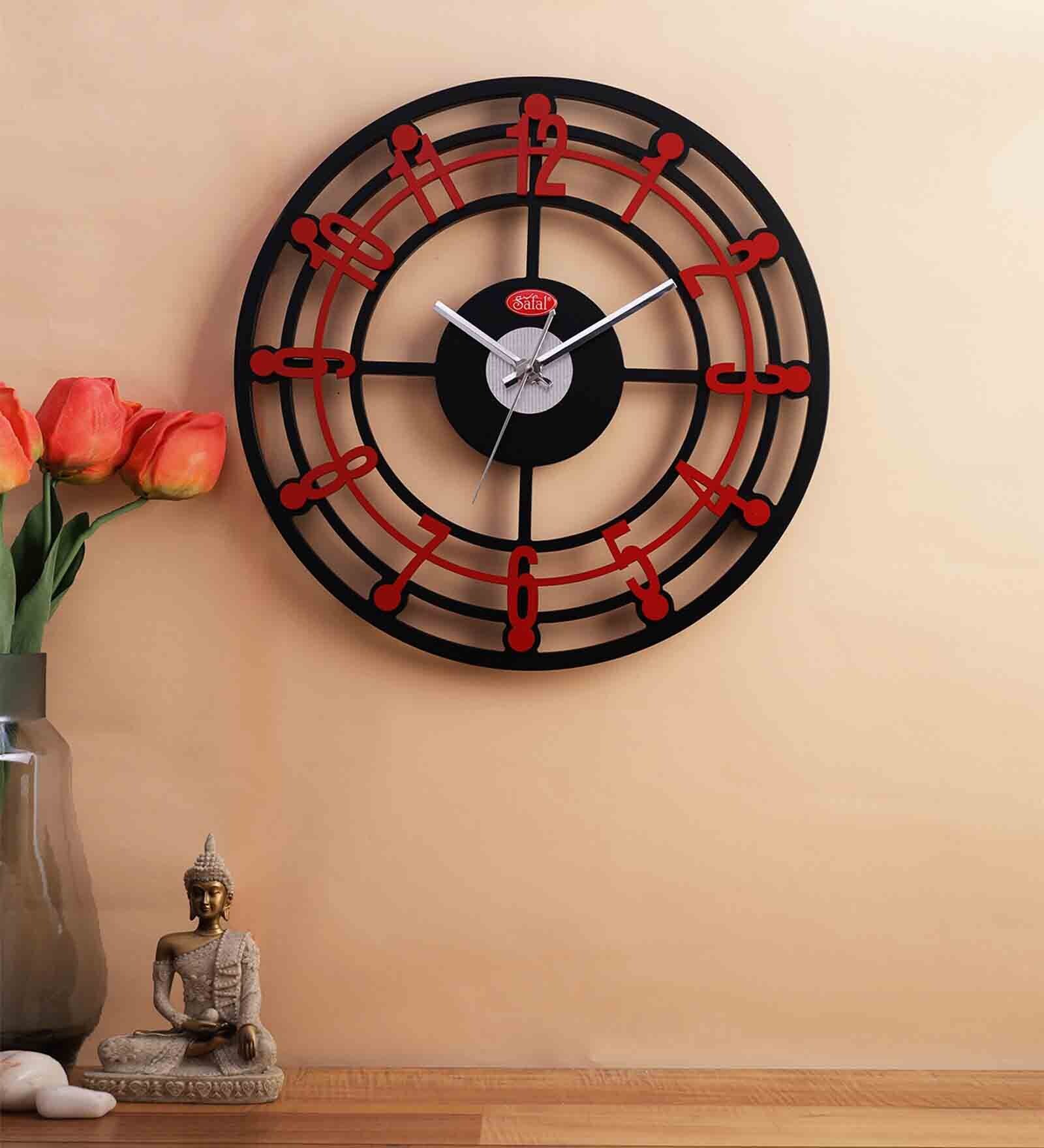Black And Red Wooden Designer Wall Clock Without Glass