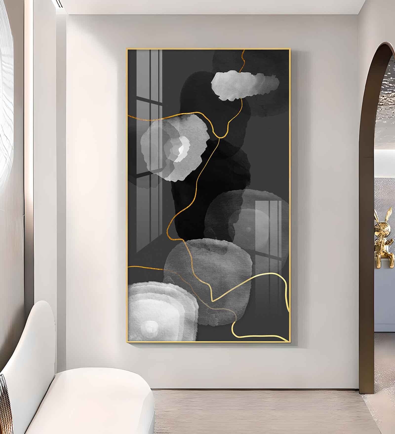 Black and White Symphony Glass Finish Vertical Wall Art