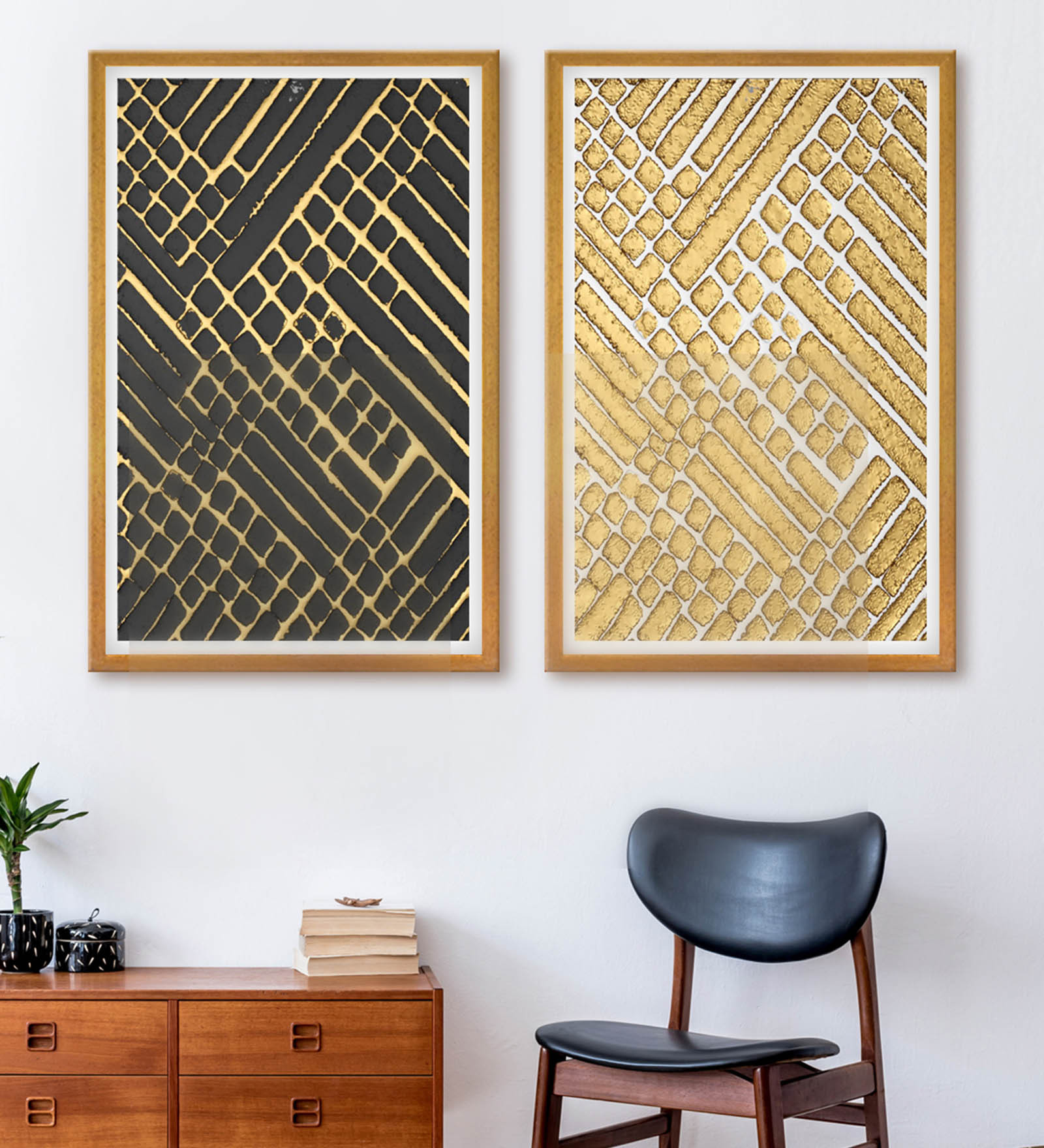 Black AndGolden Pattern Printed Canvas Art Panel Set of 2