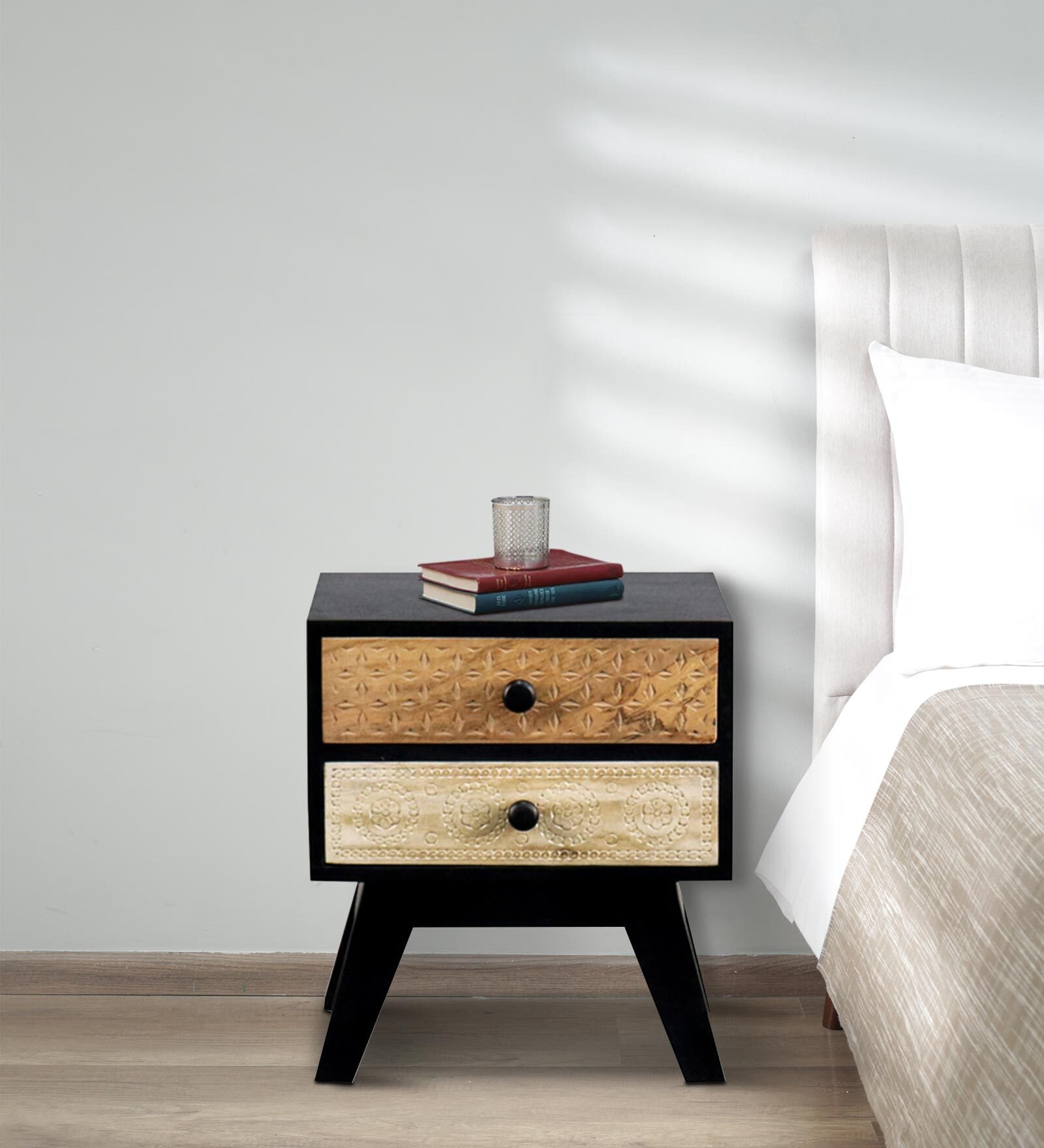 Black Beauty Sheesham Wood Bedside Table in Black Finish with Drawers