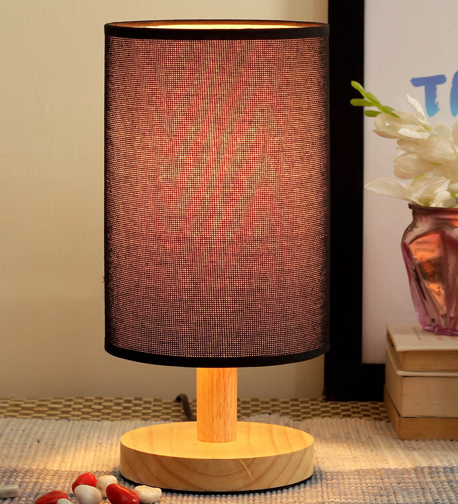 Buy Black Bedside Table Lamp Shade With Wooden Base By Tied Ribbons at