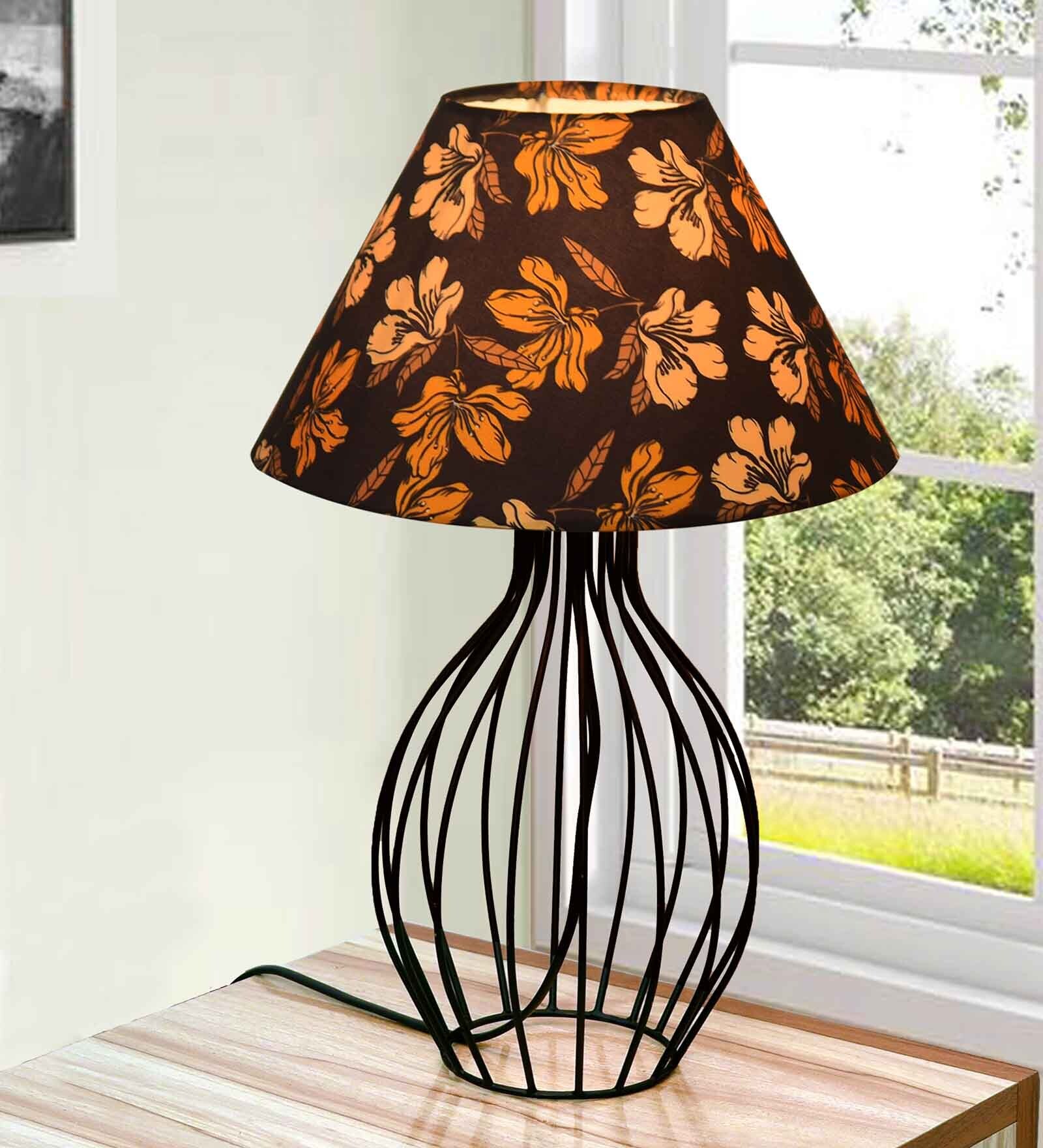 Black Bedside Table Lamp with Modern Design, Fabric Shade, and Geometric Metal Base