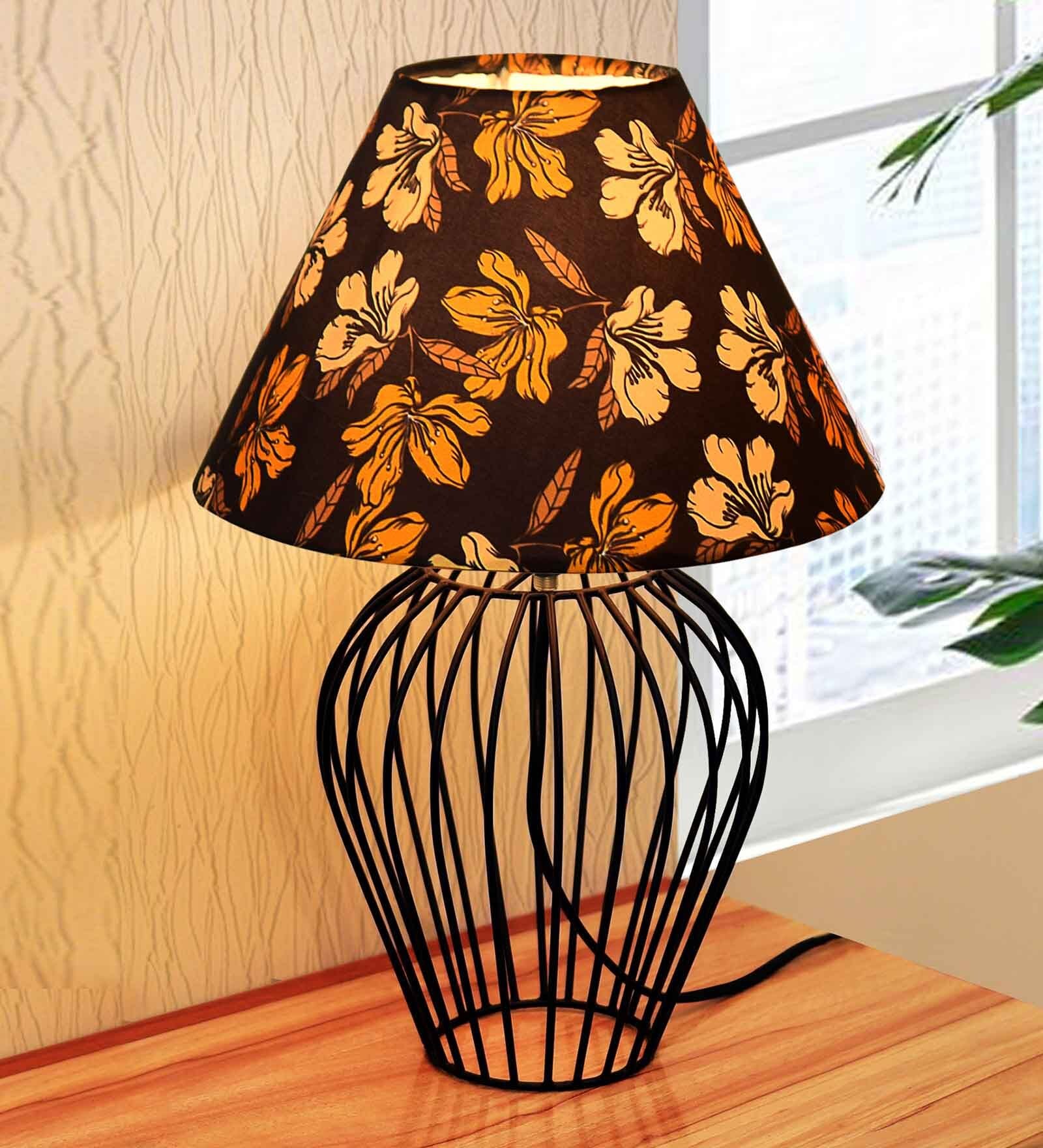 Black Bedside Table Lamp with Geometric Metal Base and Fabric Shade, Wire Tulip with Iris Cone Shade
