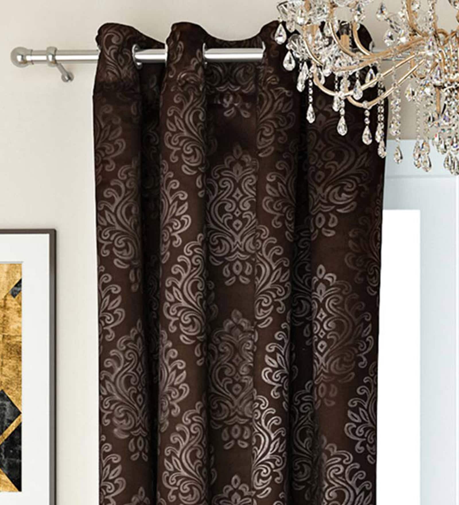 Brown Traditional Faux Silk 8 Ft Blackout Eyelet Door Curtains (Set of 2)