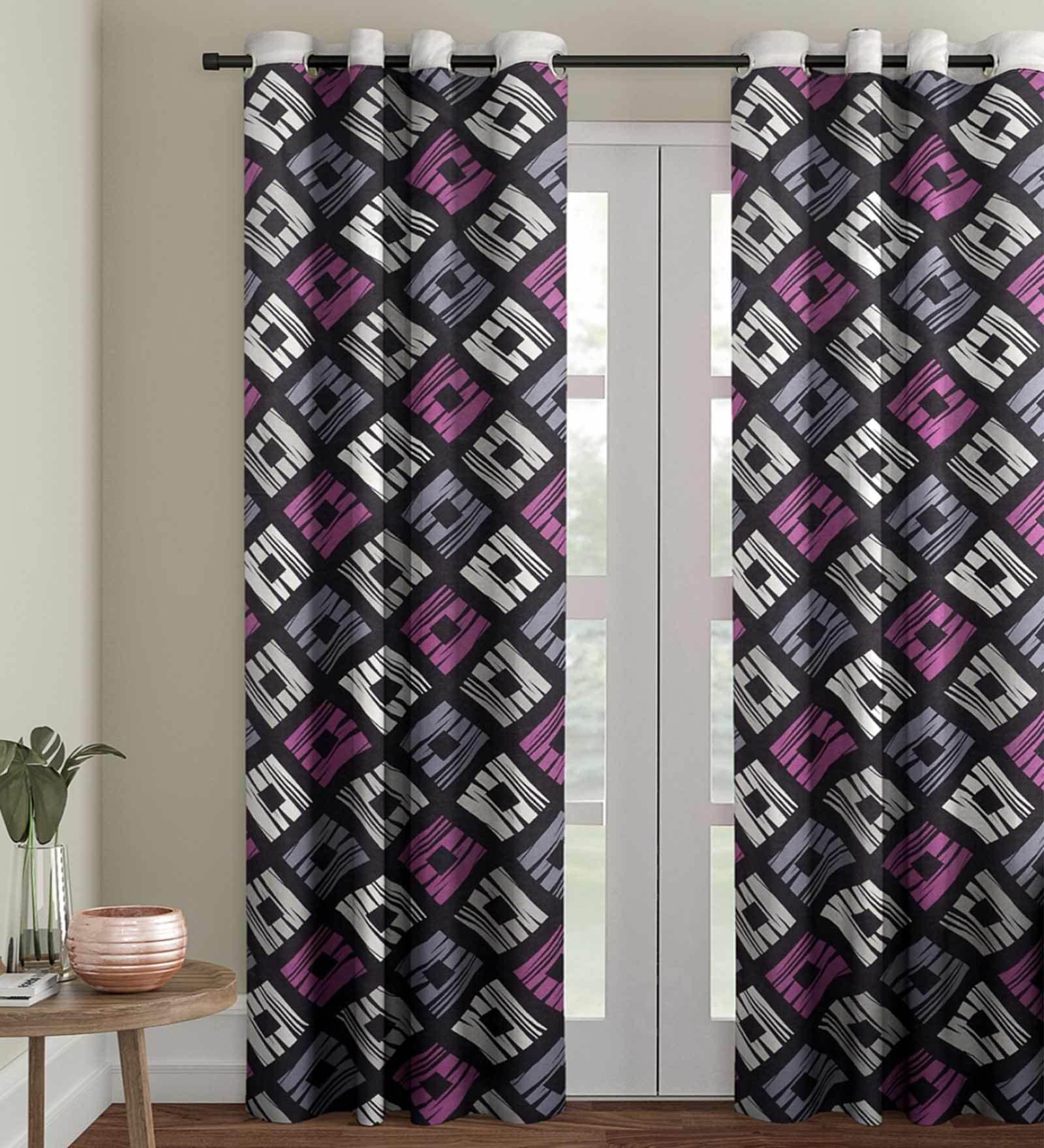 Black Polyester Velvet Geometric 7FT Light Filtering Eyelet Door Curtains (Pack of 1)
