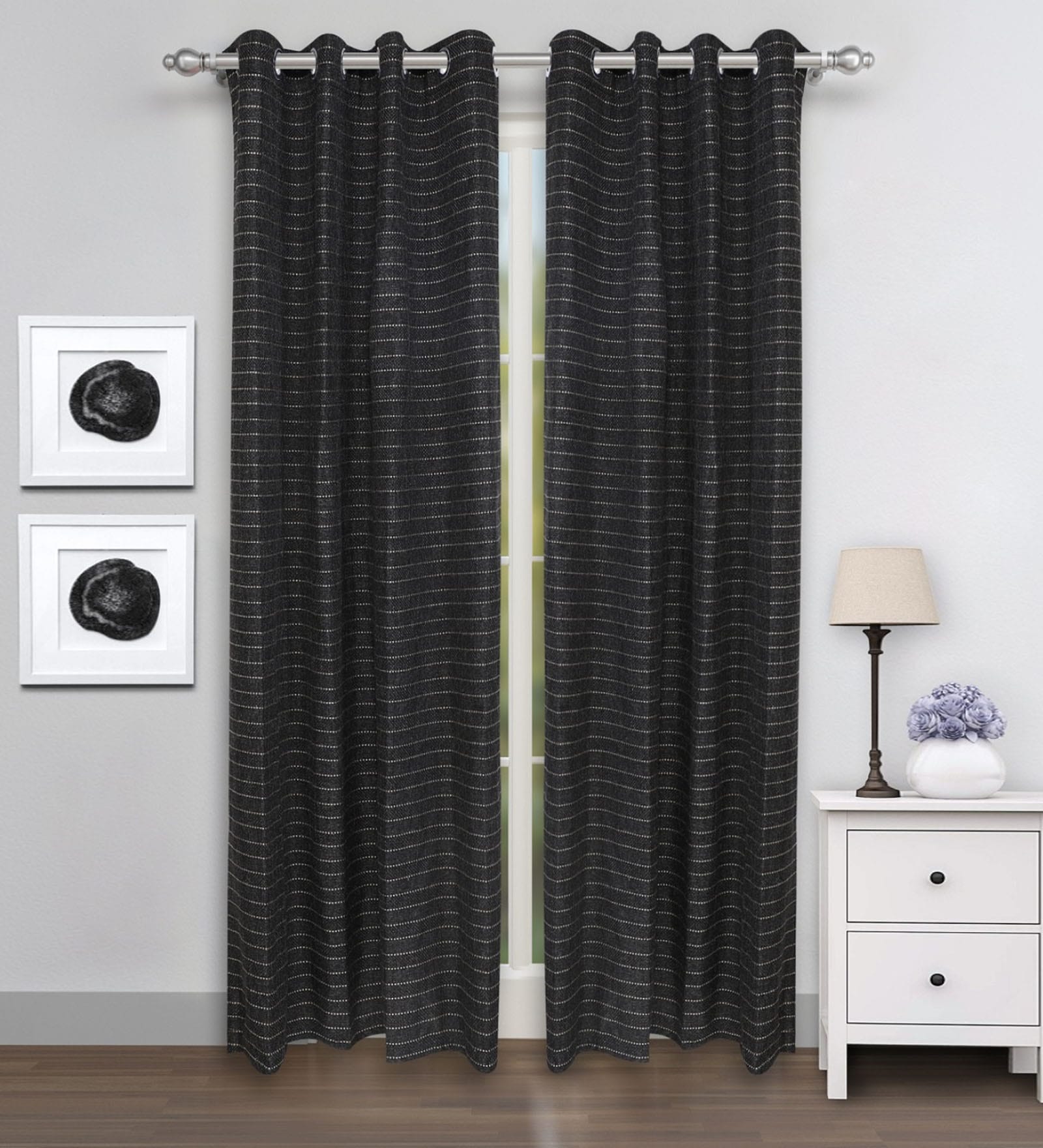 Black Jute Striped 7FT Light Filtering Eyelet Door Curtains (Pack of 2)