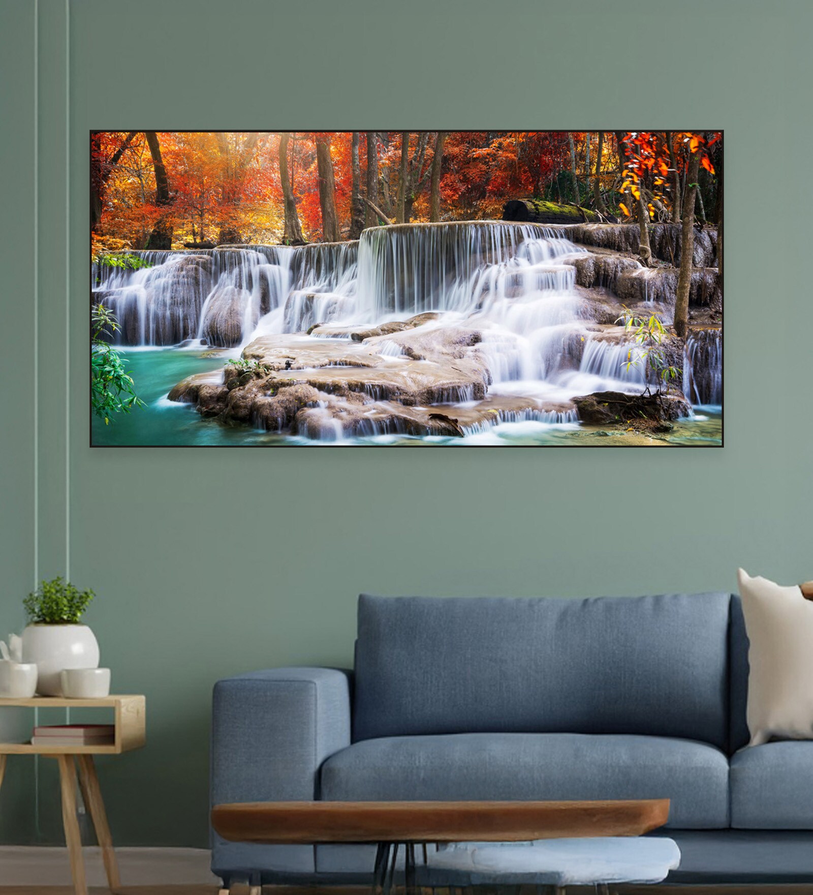 Black Canvas Framed Autumn Cascade Nature's Vibrant Symphony Wall Painting(18X36 Inch)